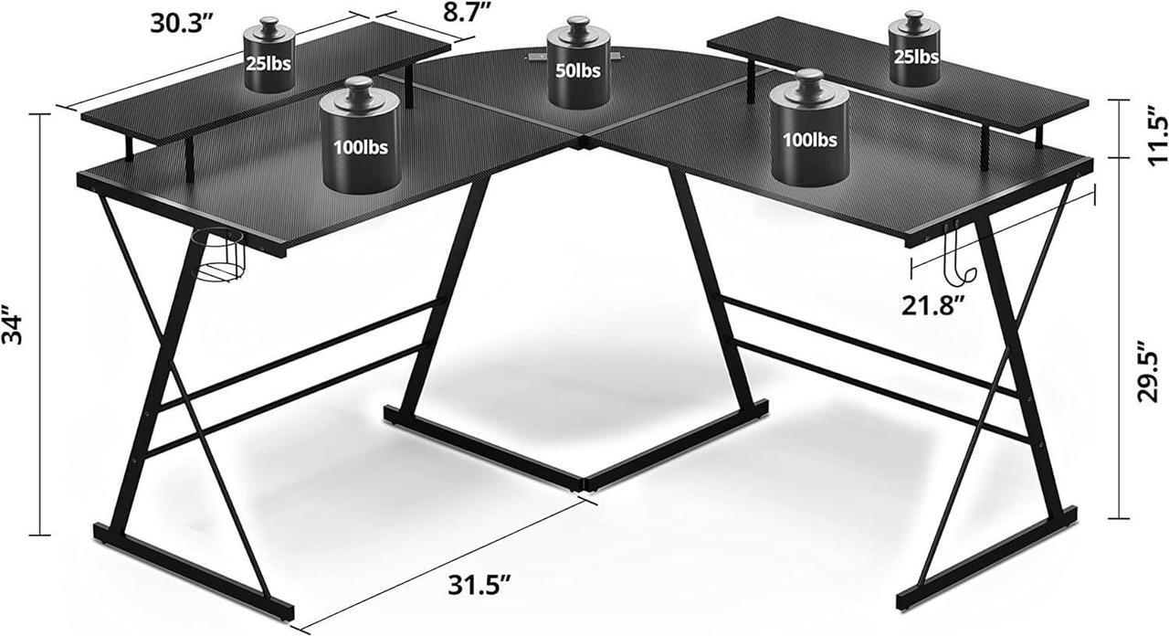 Alt view image 2 of 7 - Evajoy Gaming Desk, L Shaped Computer Corner Desk, 53" Ergonomic Gaming Table with Monitor Stands, PC Desk with LED Strips and Power Outlets, Carbon Fiber Surface with Cup Holder, Headphone Hook