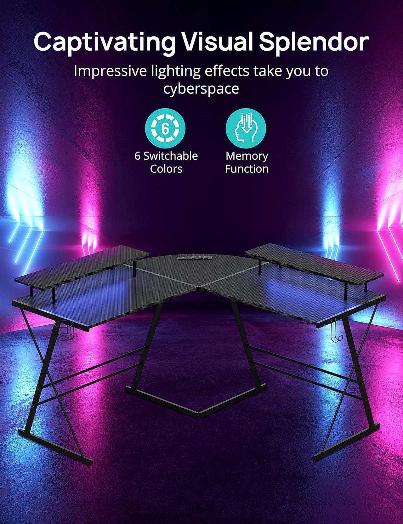 Alt view image 5 of 7 - Evajoy Gaming Desk, L Shaped Computer Corner Desk, 53" Ergonomic Gaming Table with Monitor Stands, PC Desk with LED Strips and Power Outlets, Carbon Fiber Surface with Cup Holder, Headphone Hook