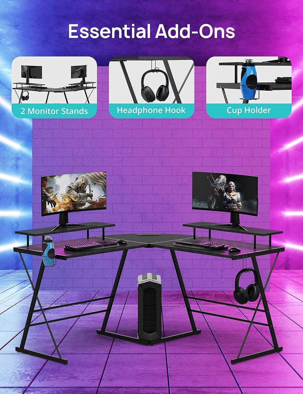 Alt view image 4 of 7 - Evajoy Gaming Desk, L Shaped Computer Corner Desk, 53" Ergonomic Gaming Table with Monitor Stands, PC Desk with LED Strips and Power Outlets, Carbon Fiber Surface with Cup Holder, Headphone Hook