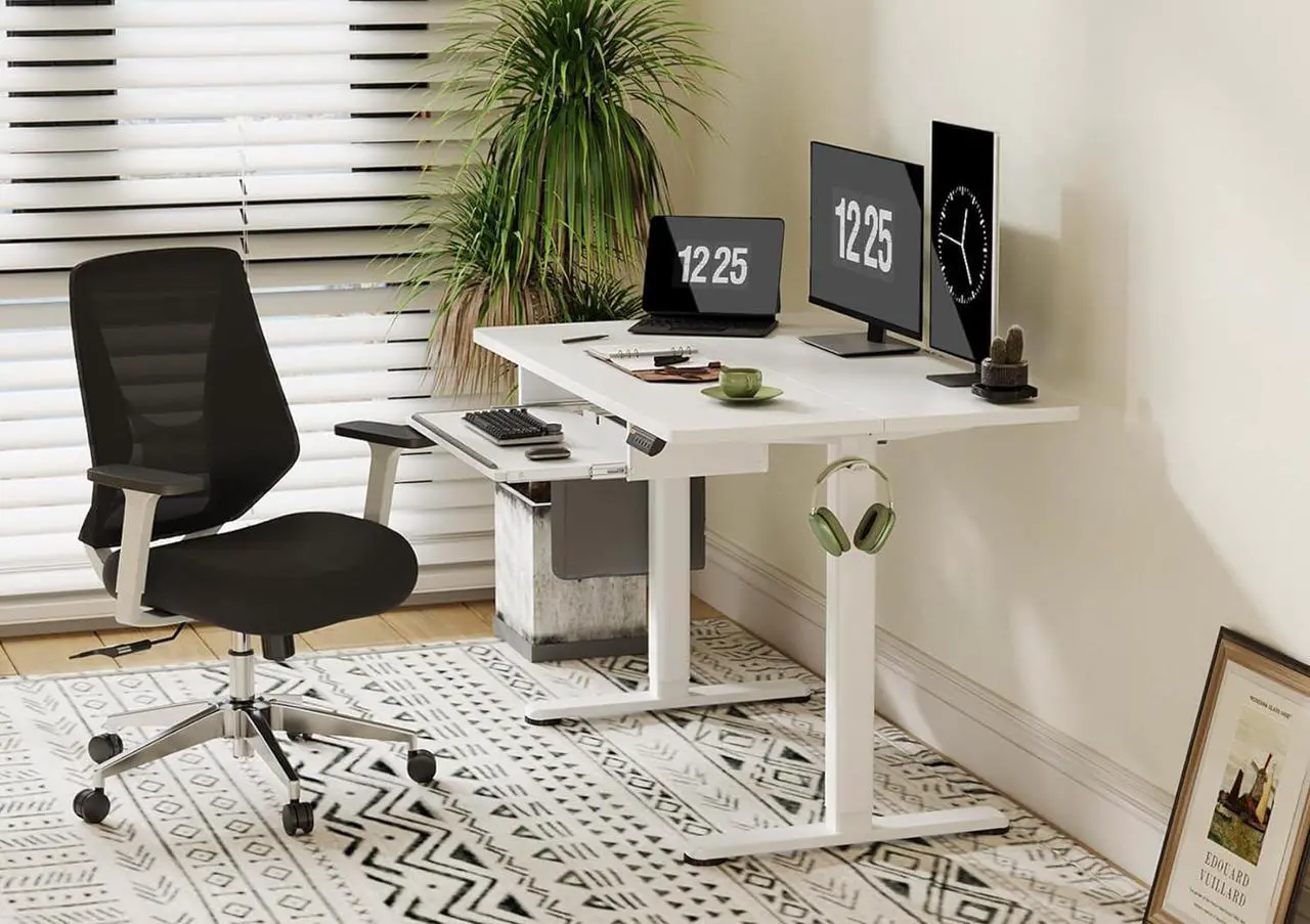 Alt view image 2 of 7 - Claiks Standing Desk with Keyboard Tray, Electric Standing Desk Adjustable Height, 48x24 Inches Sit Stand up Desk with Splice Board, Raising Desk for Home Office, White