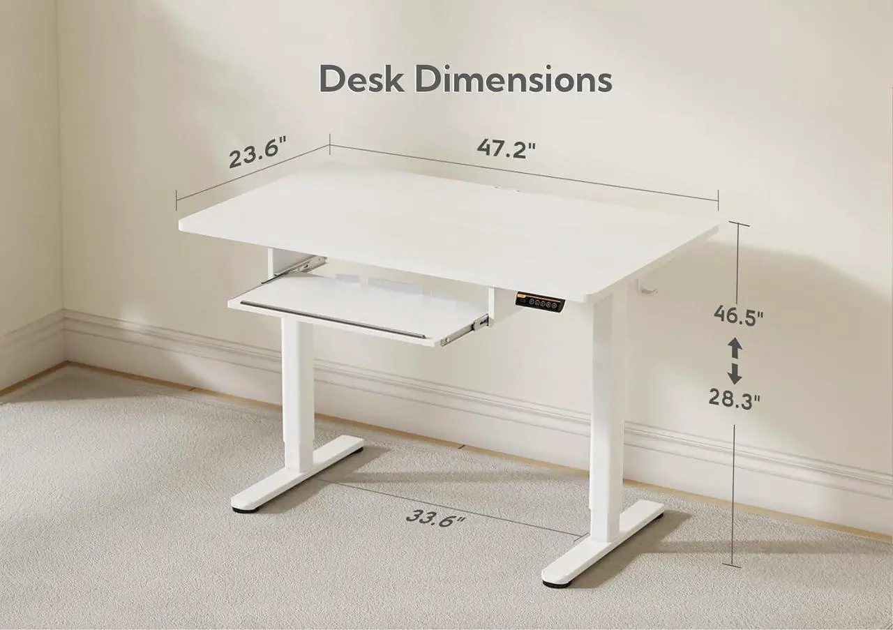 Alt view image 3 of 7 - Claiks Standing Desk with Keyboard Tray, Electric Standing Desk Adjustable Height, 48x24 Inches Sit Stand up Desk with Splice Board, Raising Desk for Home Office, White