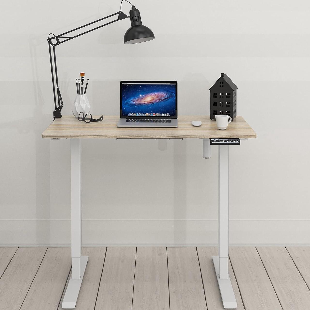 Alt view image 2 of 6 - Small Electric Height Adjustable Sit Stand Desk with Hanging Hooks and Cable Management, 40 x 22 Inches, White Frame and Maple Top