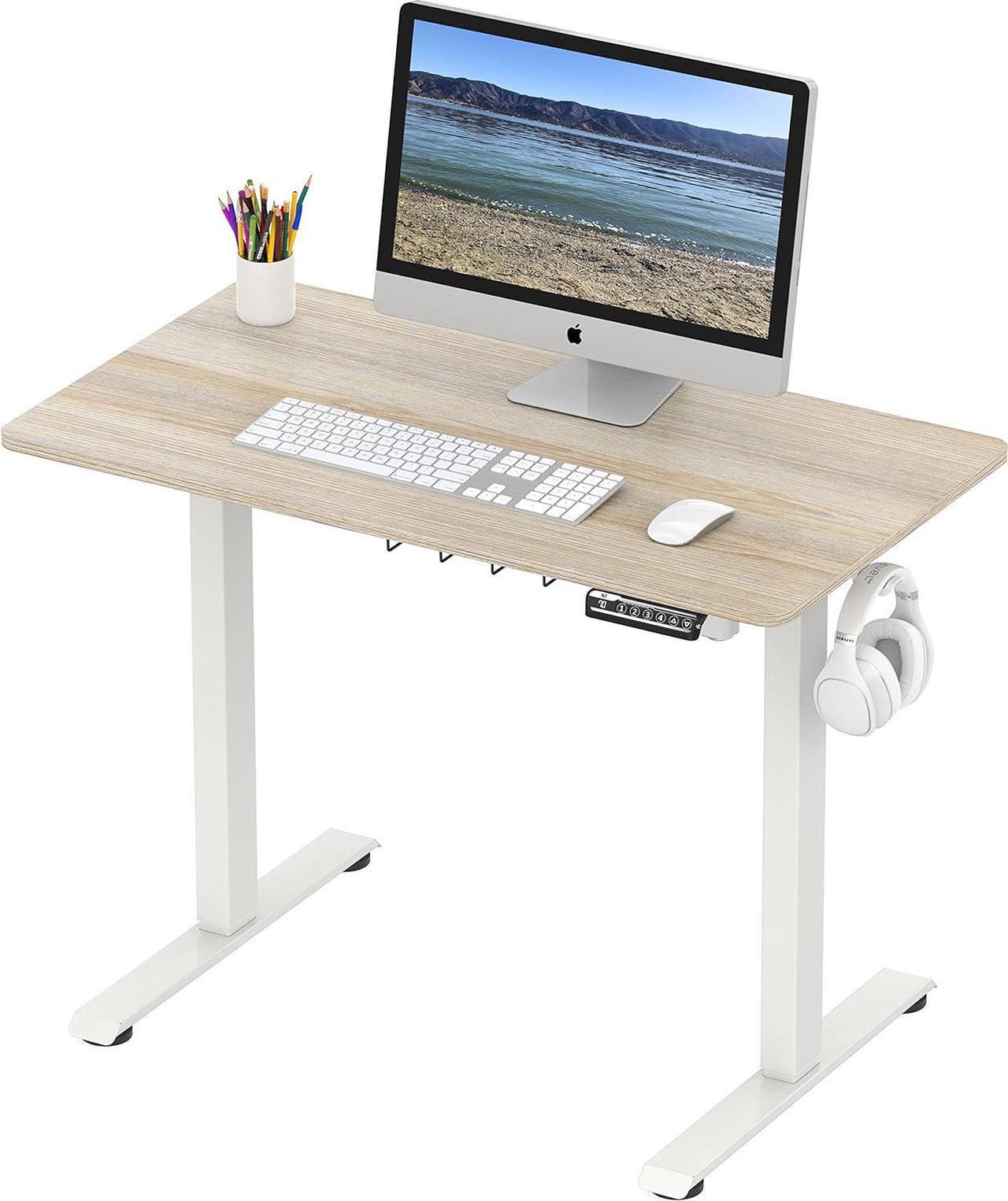 Main image of Small Electric Height Adjustable Sit Stand Desk with Hanging Hooks and Cable Management, 40 x 22 Inches, White Frame and Maple Top