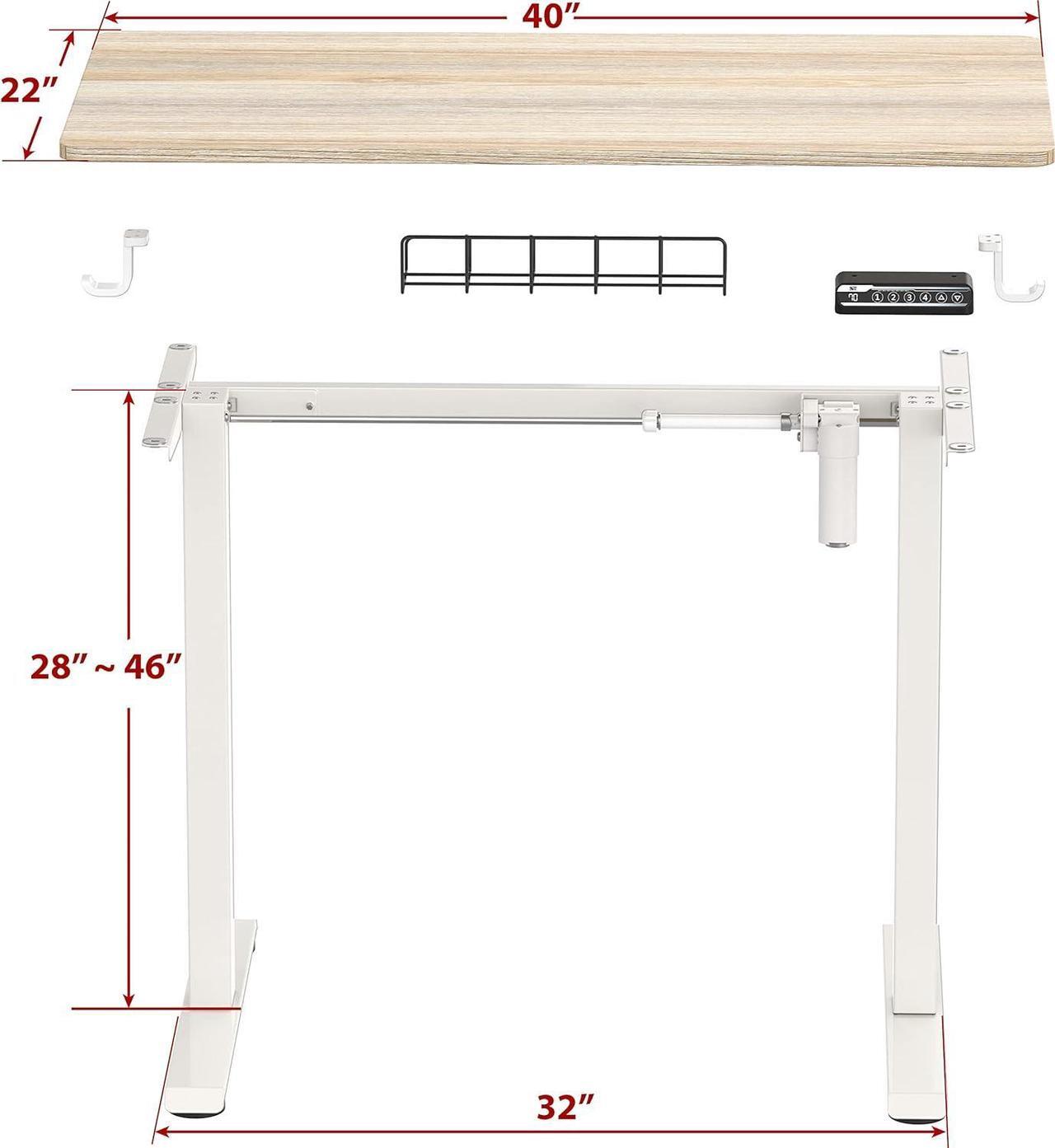 Alt view image 3 of 6 - Small Electric Height Adjustable Sit Stand Desk with Hanging Hooks and Cable Management, 40 x 22 Inches, White Frame and Maple Top