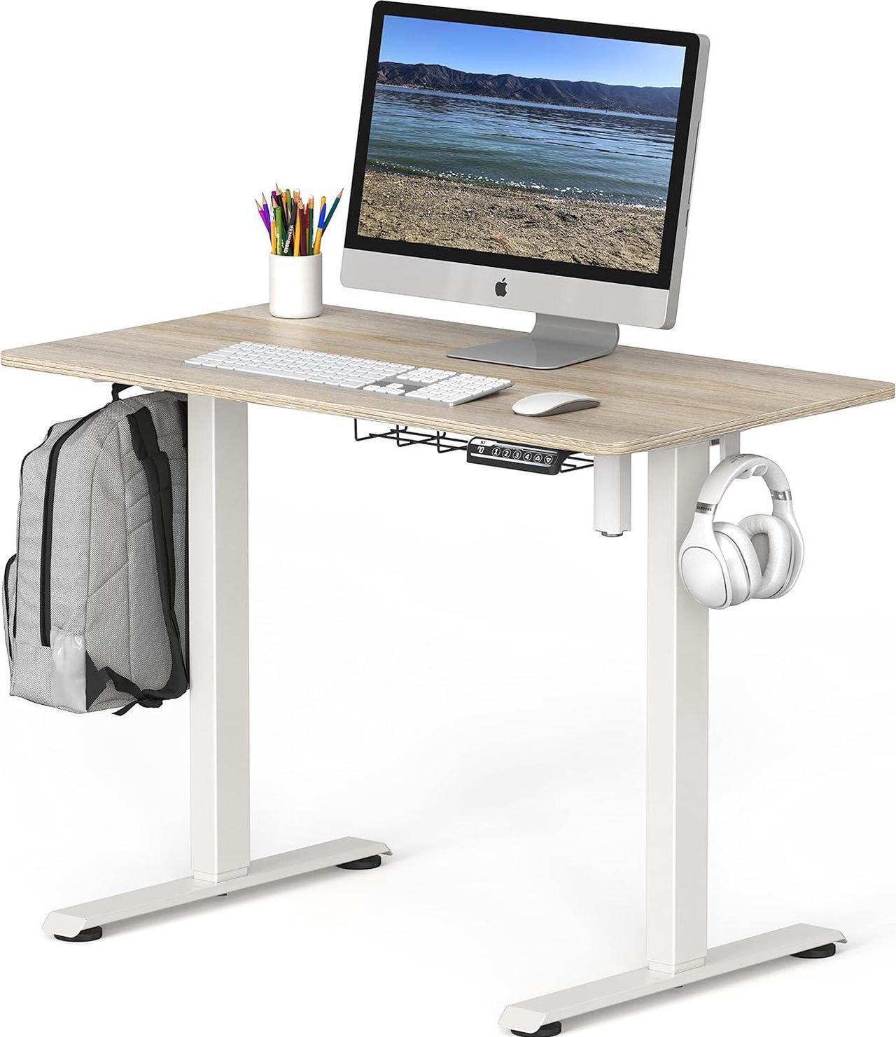 Alt view image 4 of 6 - Small Electric Height Adjustable Sit Stand Desk with Hanging Hooks and Cable Management, 40 x 22 Inches, White Frame and Maple Top