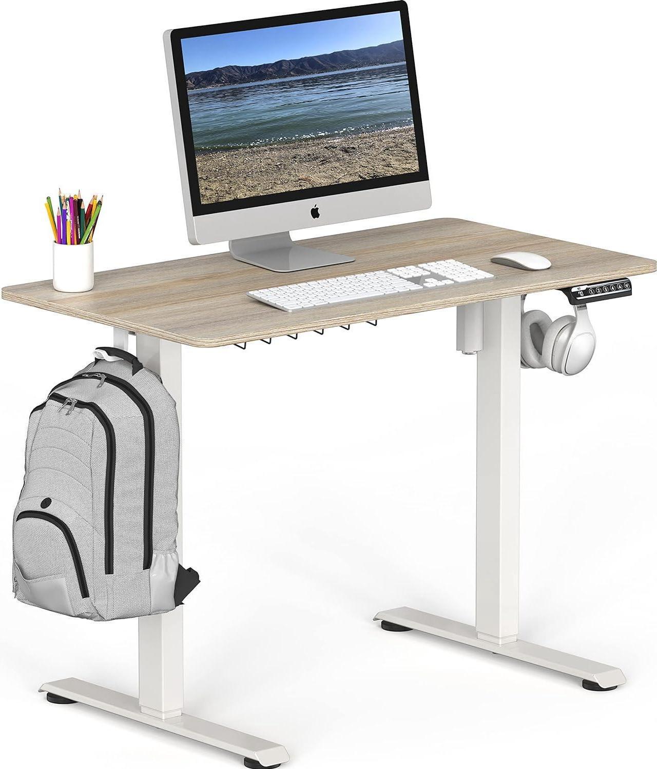 Alt view image 5 of 6 - Small Electric Height Adjustable Sit Stand Desk with Hanging Hooks and Cable Management, 40 x 22 Inches, White Frame and Maple Top