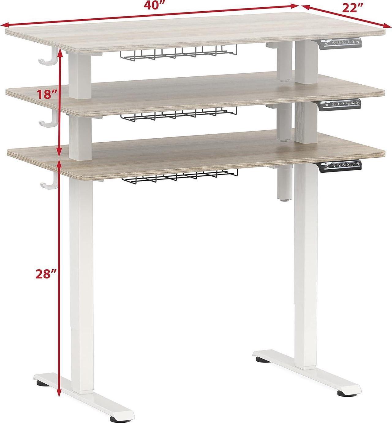 Alt view image 6 of 6 - Small Electric Height Adjustable Sit Stand Desk with Hanging Hooks and Cable Management, 40 x 22 Inches, White Frame and Maple Top
