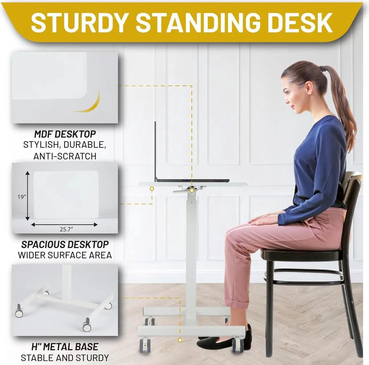 Alt view image 5 of 7 - NEWBULIG Mobile Laptop Standing Desk Adjustable Height Desk Stand Up Desk Small Rolling Sit Stand Desk with Wheels for Home Office, White