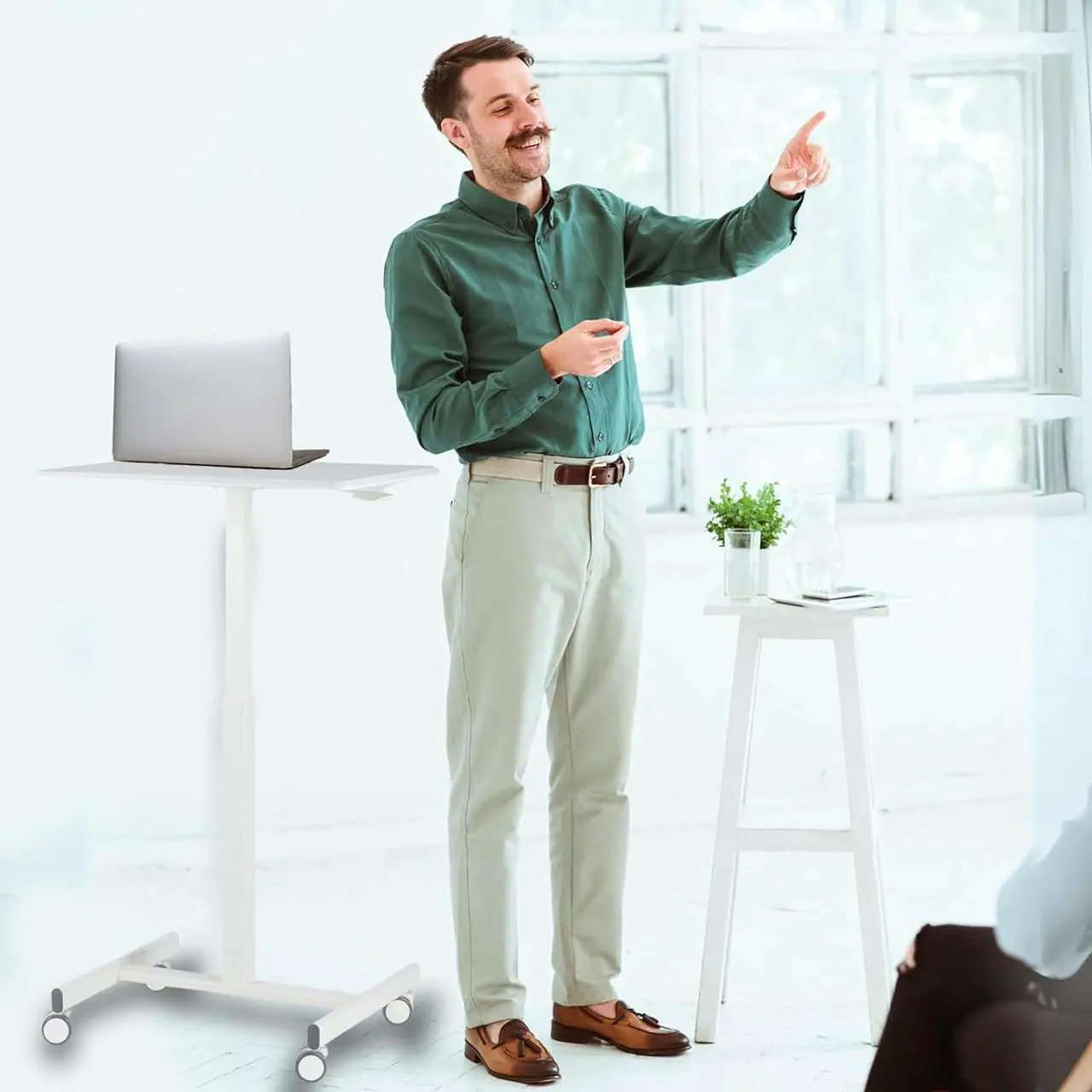 Alt view image 7 of 7 - NEWBULIG Mobile Laptop Standing Desk Adjustable Height Desk Stand Up Desk Small Rolling Sit Stand Desk with Wheels for Home Office, White