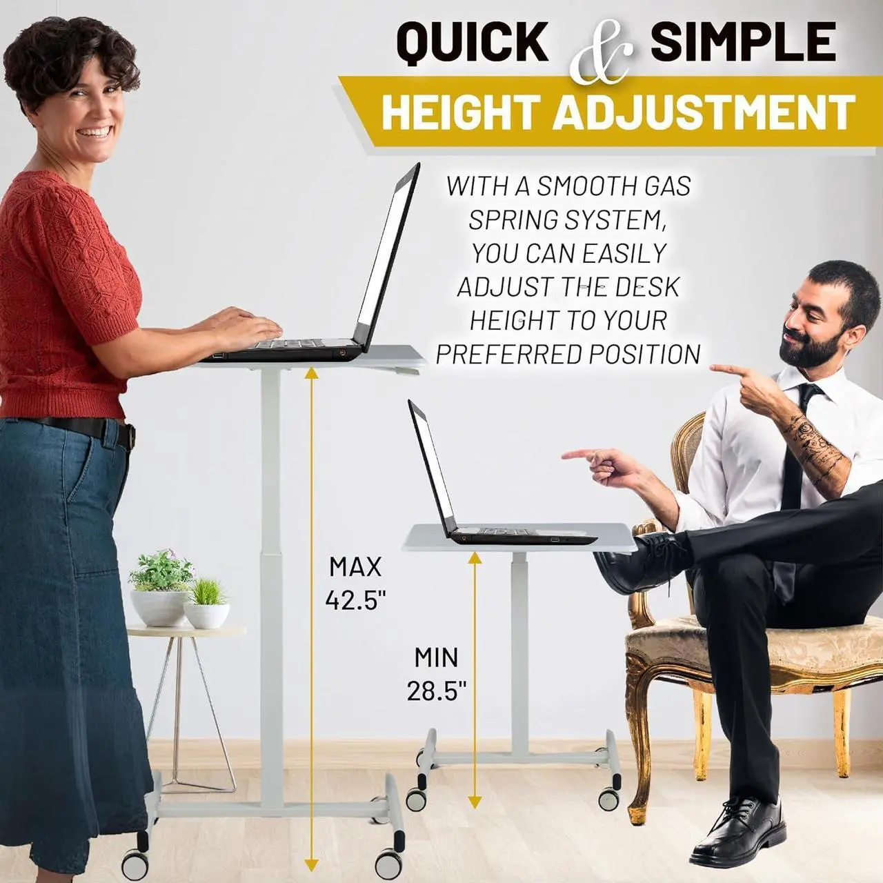 Alt view image 3 of 7 - NEWBULIG Mobile Laptop Standing Desk Adjustable Height Desk Stand Up Desk Small Rolling Sit Stand Desk with Wheels for Home Office, White
