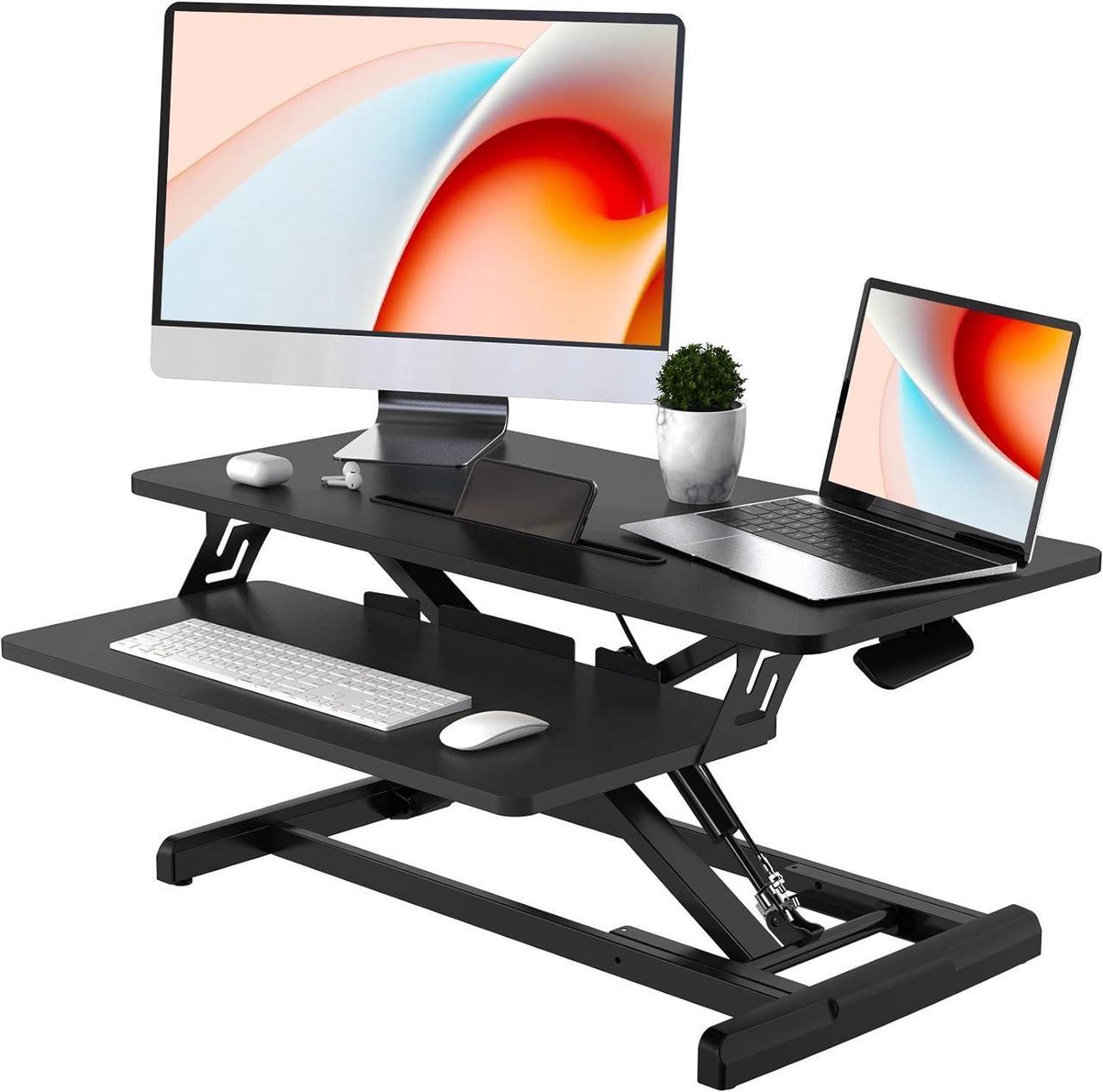 Main image of JOY worker Standing Desk Converter, 32" Wide Height Adjustable Sit Stand Up Desk Riser with Keyboard Tray, Desktop Workstation Riser for Home Office Computer Laptop, Particle Board, Black