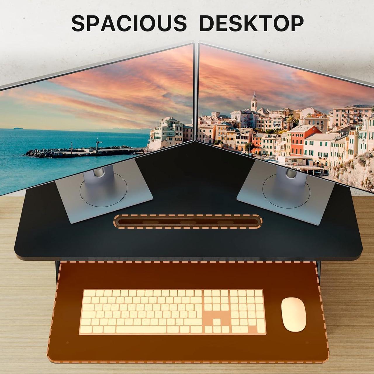 Alt view image 4 of 7 - JOY worker Standing Desk Converter, 32" Wide Height Adjustable Sit Stand Up Desk Riser with Keyboard Tray, Desktop Workstation Riser for Home Office Computer Laptop, Particle Board, Black
