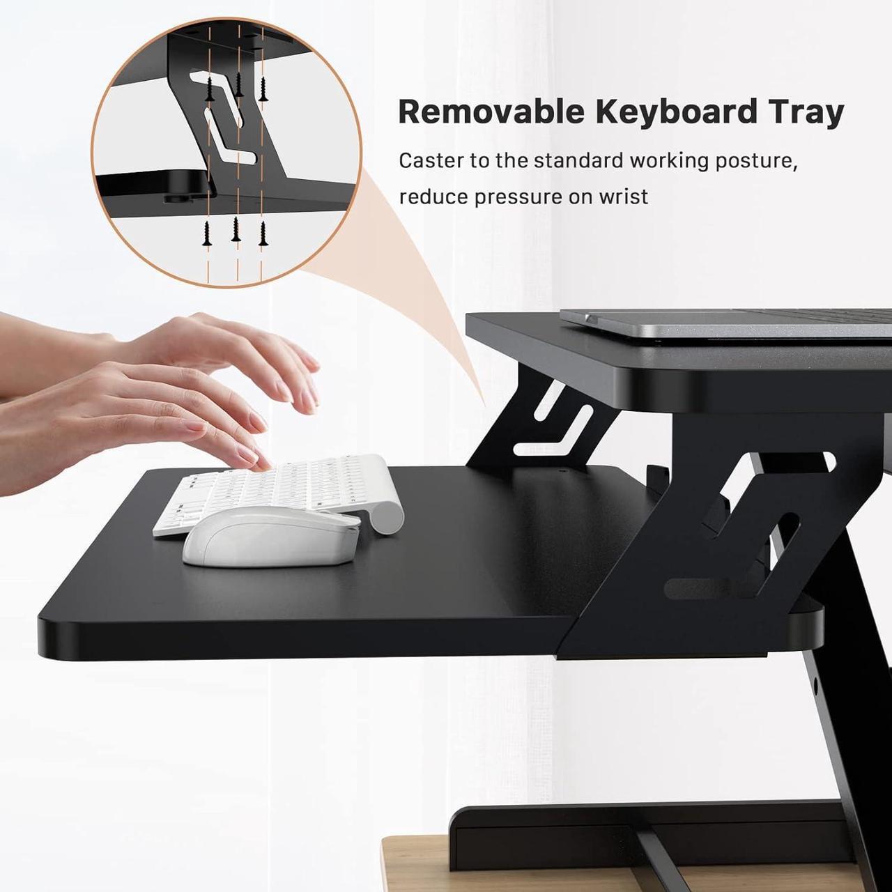 Alt view image 6 of 7 - JOY worker Standing Desk Converter, 32" Wide Height Adjustable Sit Stand Up Desk Riser with Keyboard Tray, Desktop Workstation Riser for Home Office Computer Laptop, Particle Board, Black