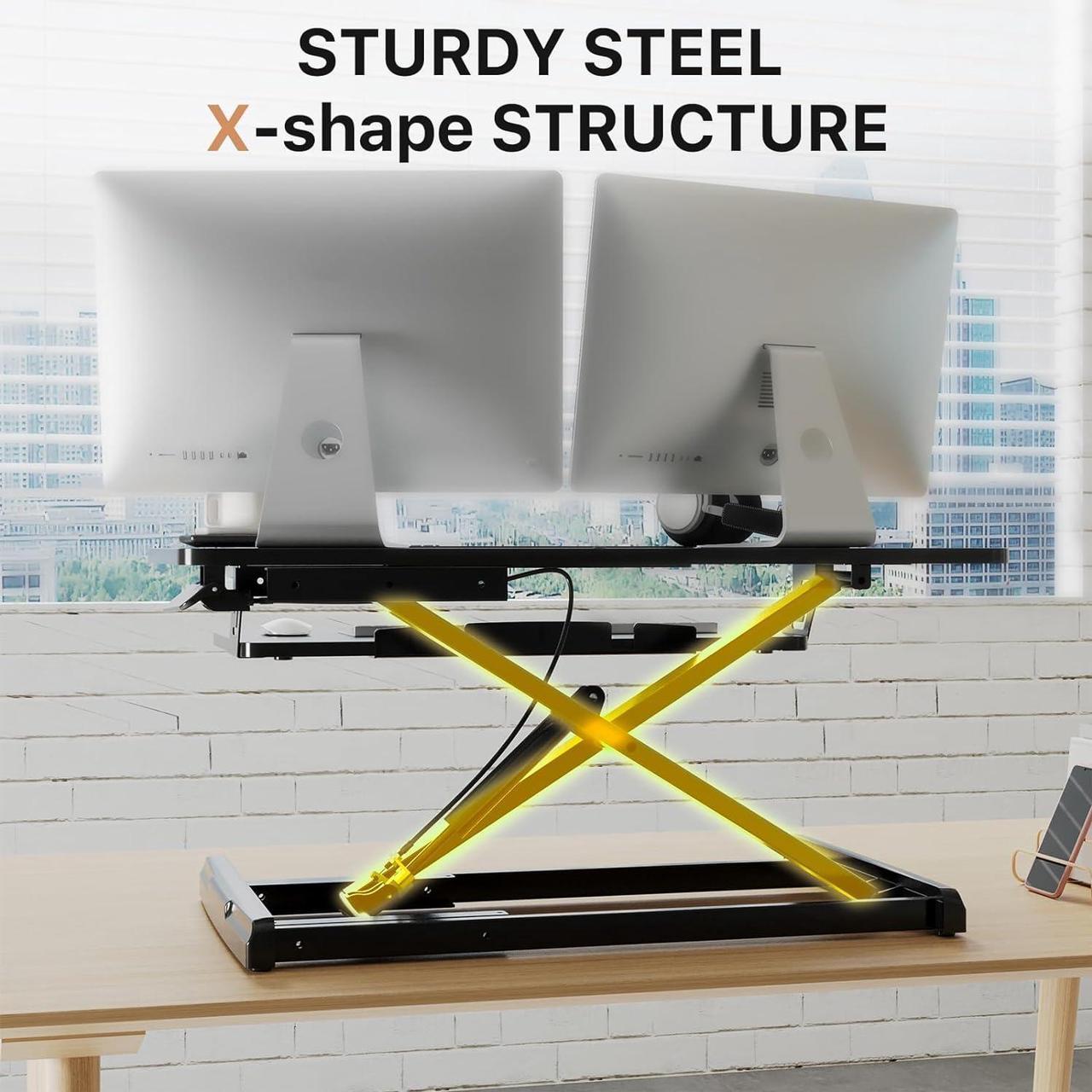 Alt view image 7 of 7 - JOY worker Standing Desk Converter, 32" Wide Height Adjustable Sit Stand Up Desk Riser with Keyboard Tray, Desktop Workstation Riser for Home Office Computer Laptop, Particle Board, Black
