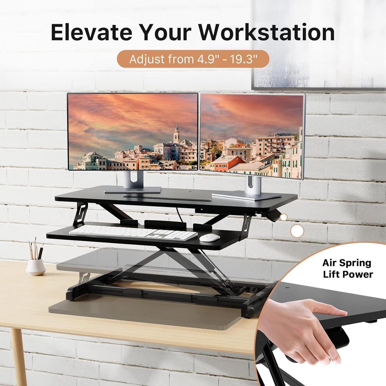 Alt view image 3 of 7 - JOY worker Standing Desk Converter, 32" Wide Height Adjustable Sit Stand Up Desk Riser with Keyboard Tray, Desktop Workstation Riser for Home Office Computer Laptop, Particle Board, Black