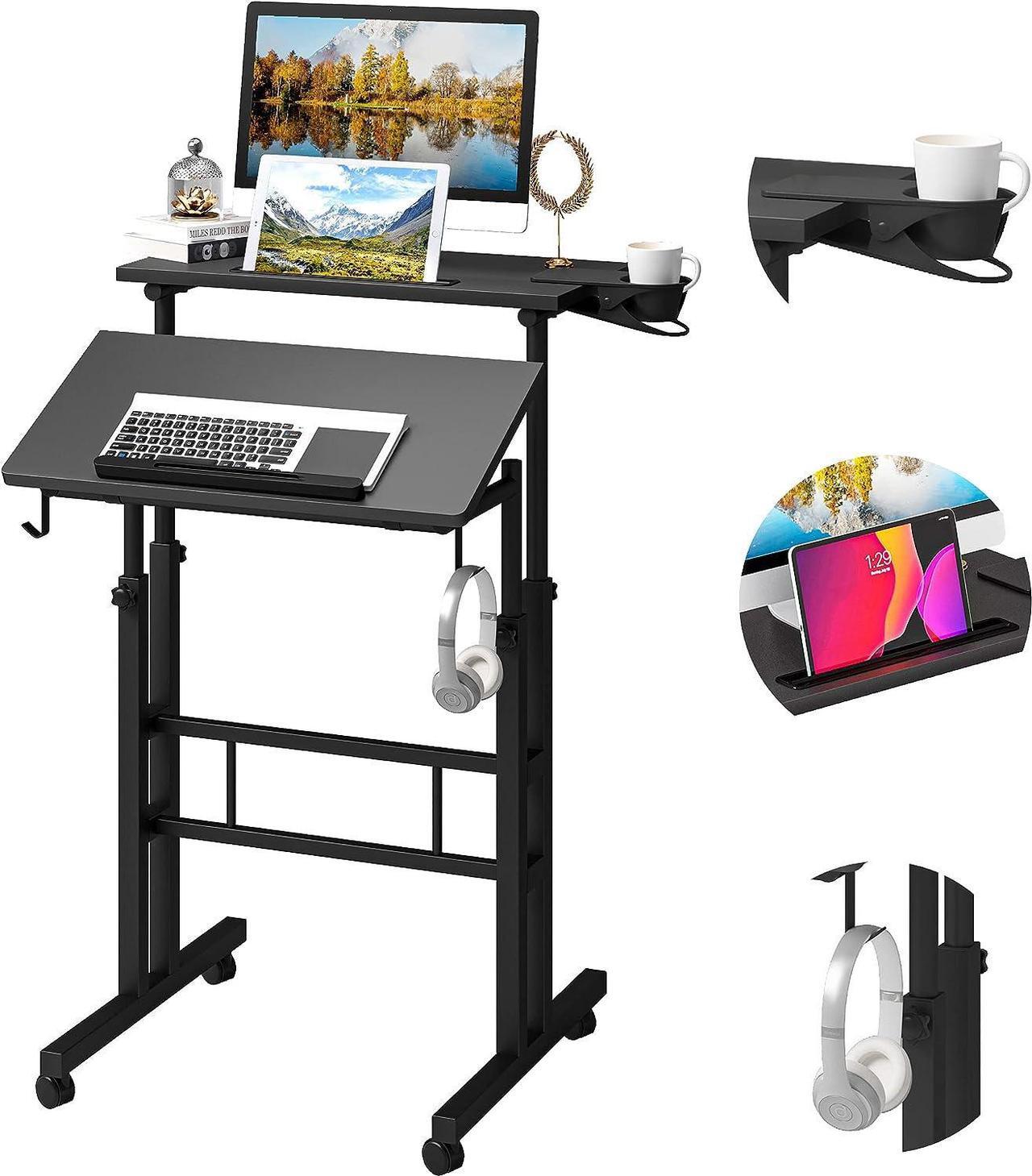 Main image of Adjustable Height Standing Desk with Cup Holder, Portable and Easy to Move, Ideal for Home or Office, Black