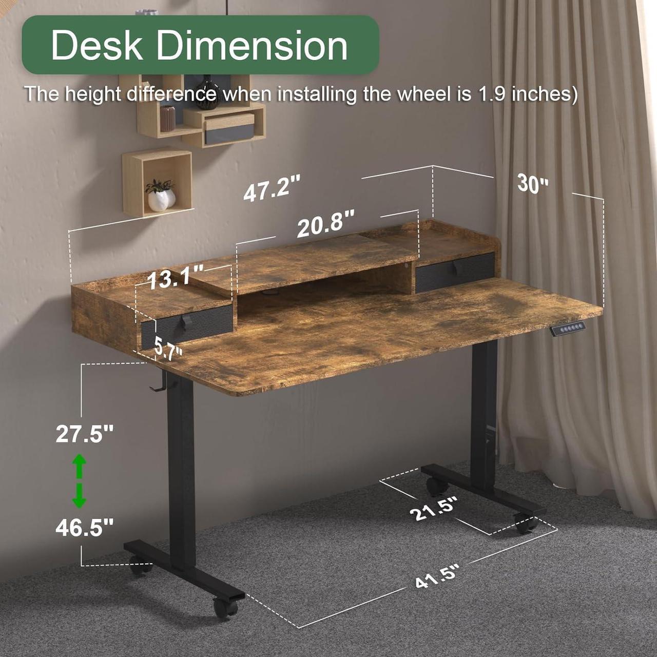 Alt view image 2 of 6 - ExaDesk 48×30 Inch Electric Standing Desk with 2 Drawers, Adjustable Height Widened Stand Up Desk with Storage Shelf, Sit to Stand Ergonomic Workstation for Home Office