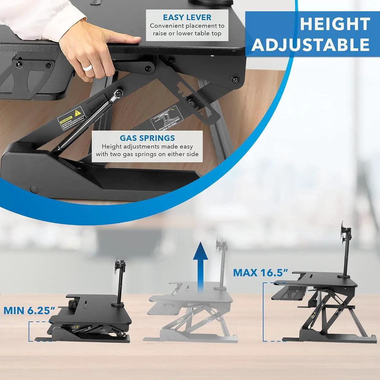 Alt view image 5 of 7 - Mount-It! Standing Desk Converter with Bonus Dual Monitor Mount Included - Height Adjustable Stand Up Desk - Wide 36 Inch Sit Stand Workstation with Gas Spring Lift Black (MI-7934)