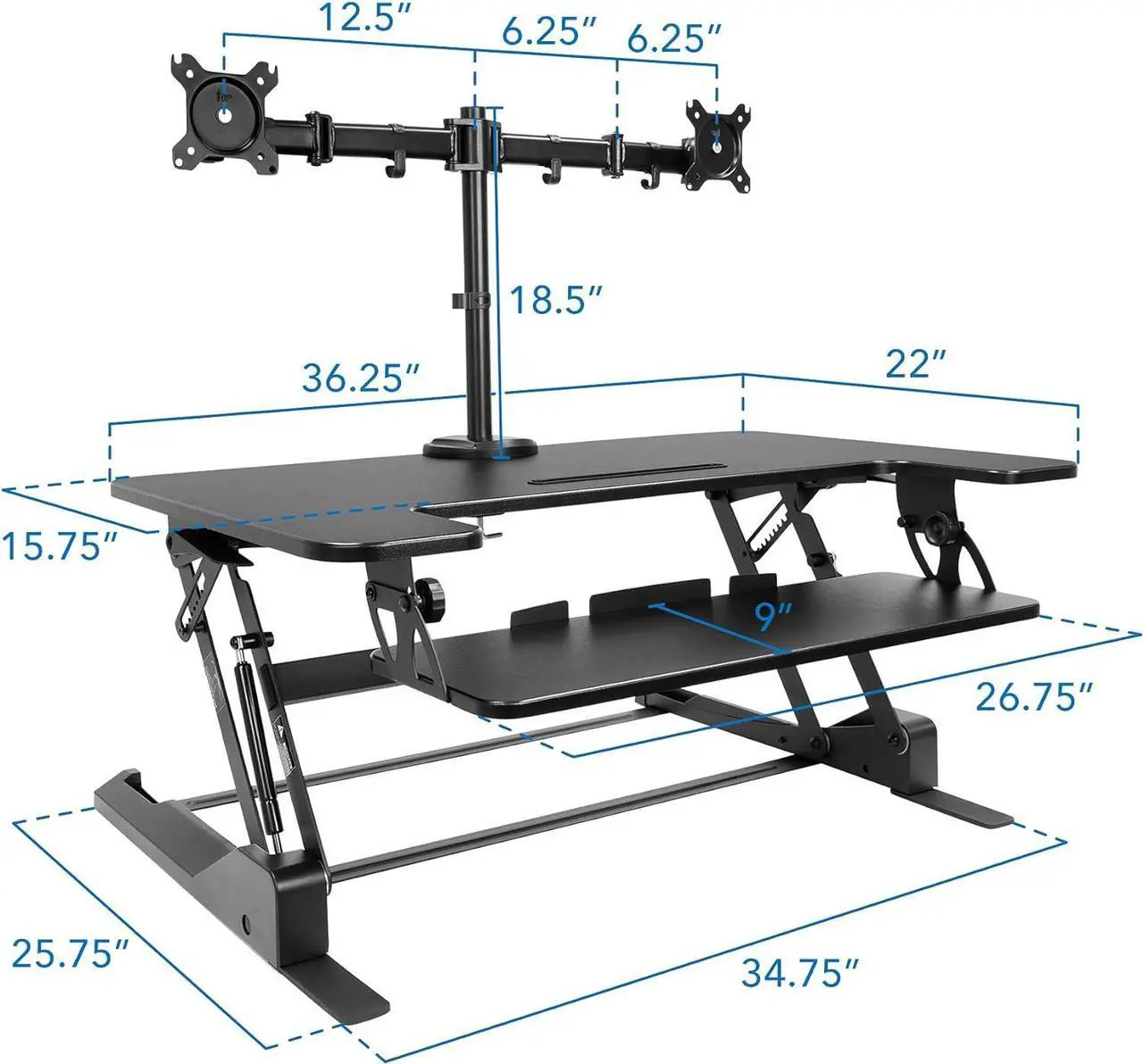 Alt view image 7 of 7 - Mount-It! Standing Desk Converter with Bonus Dual Monitor Mount Included - Height Adjustable Stand Up Desk - Wide 36 Inch Sit Stand Workstation with Gas Spring Lift Black (MI-7934)