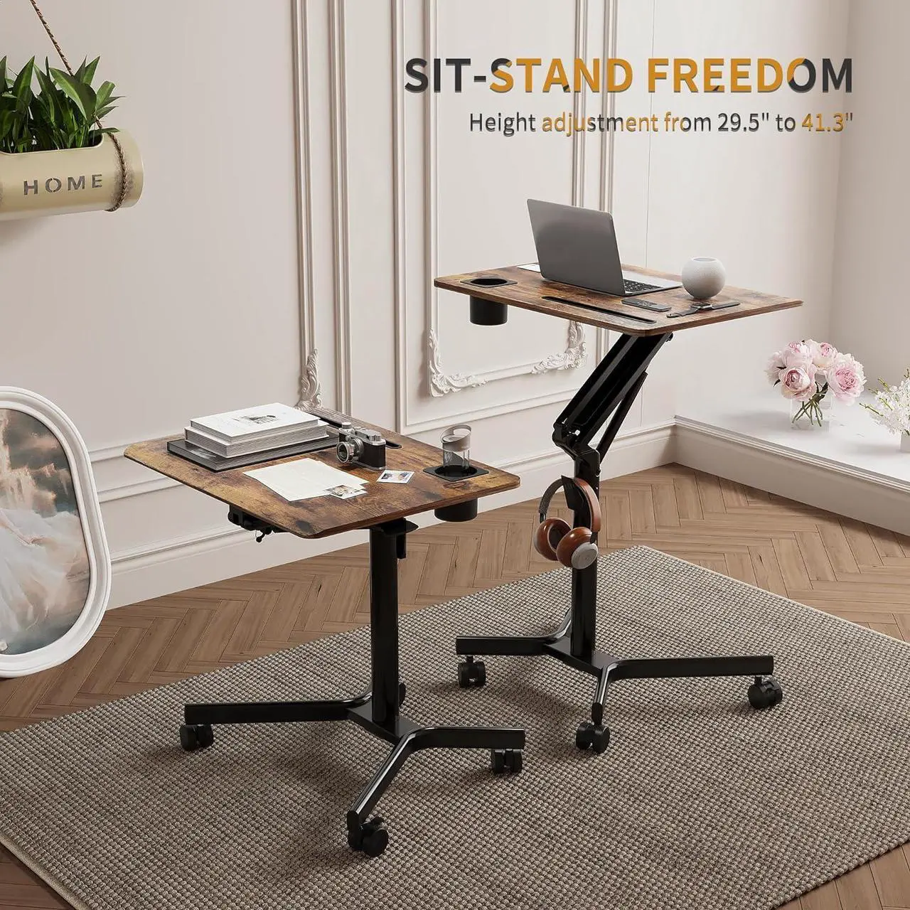 Alt view image 3 of 7 - JOY worker Mobile Standing Desk, 28 inch Small Height Adjustable Rolling Laptop Desk, Portable Sit Stand Desk with Lockable Wheels, Ergonomic Desktop Table for Home Office, Rustic Brown