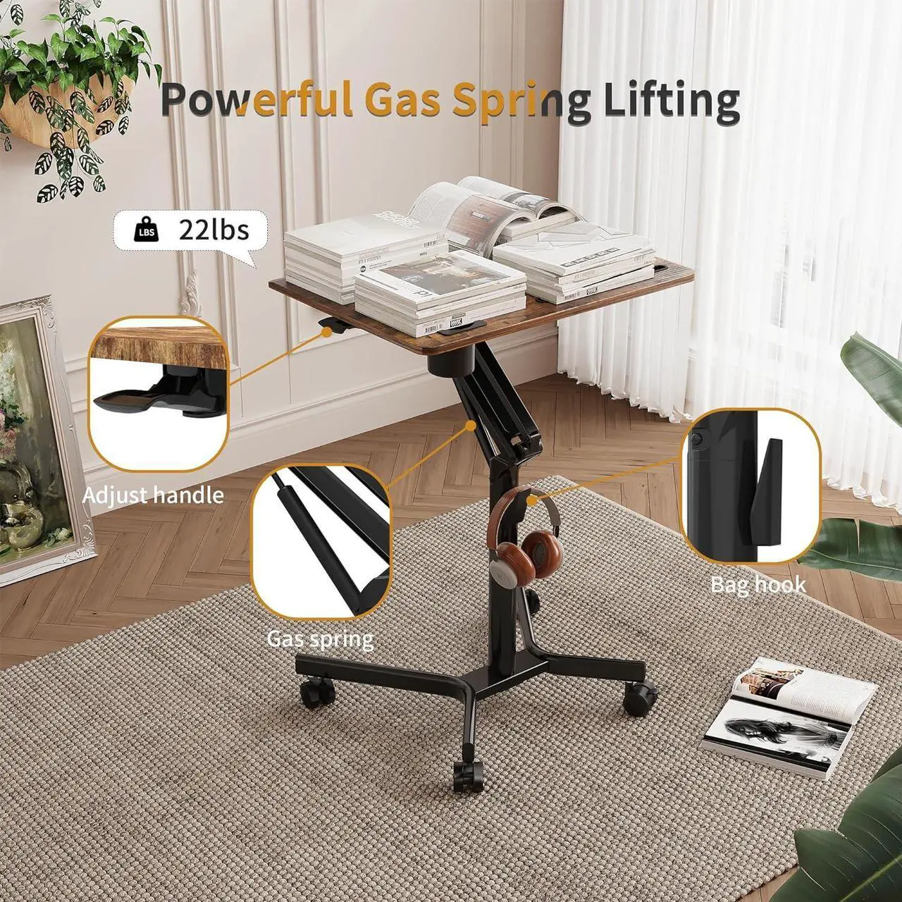 Alt view image 4 of 7 - JOY worker Mobile Standing Desk, 28 inch Small Height Adjustable Rolling Laptop Desk, Portable Sit Stand Desk with Lockable Wheels, Ergonomic Desktop Table for Home Office, Rustic Brown