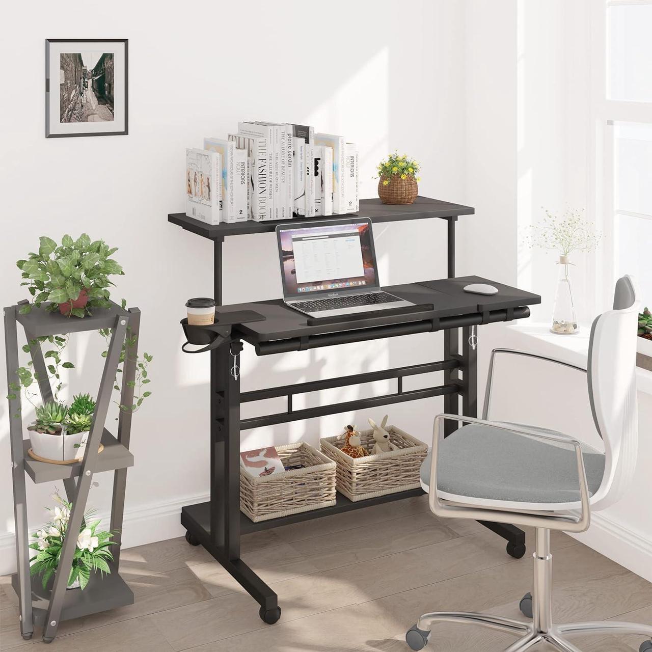 Alt view image 2 of 7 - Panta Mobile Standing Desk, Adjustable Rolling Computer Desk with 3 Desktops, Portable Laptop Table with Desk Cup Holder, Home Office Laptop Workstation on Lockable Wheels, Black