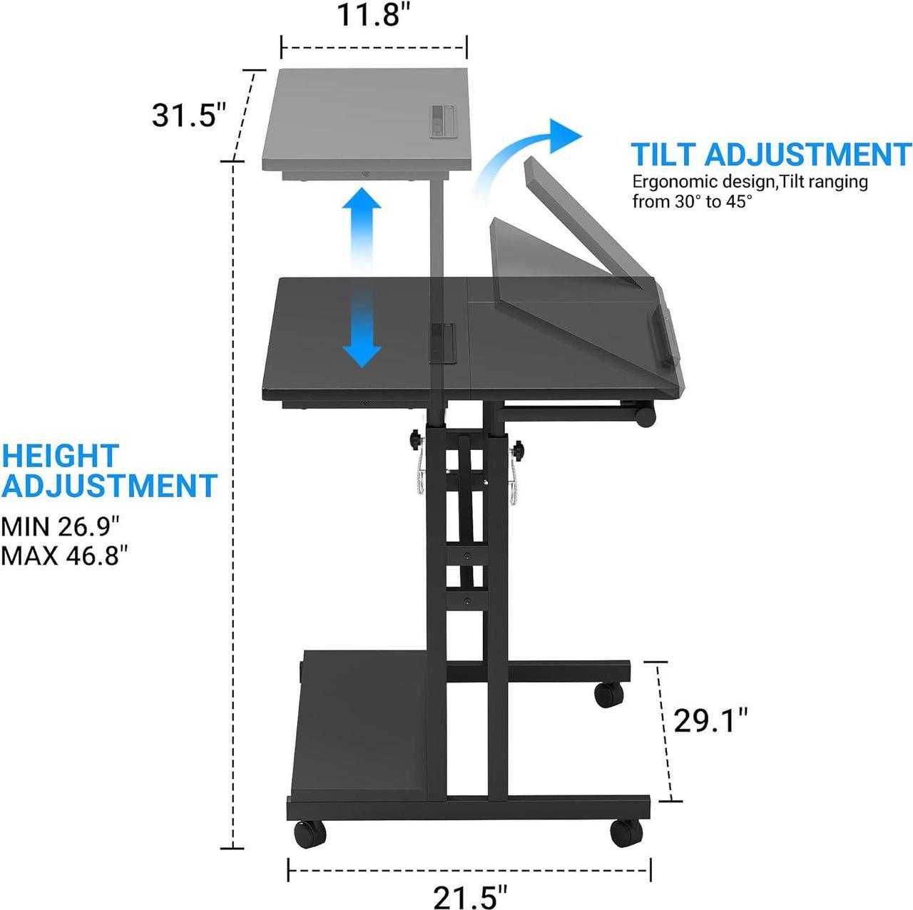 Alt view image 3 of 7 - Panta Mobile Standing Desk, Adjustable Rolling Computer Desk with 3 Desktops, Portable Laptop Table with Desk Cup Holder, Home Office Laptop Workstation on Lockable Wheels, Black