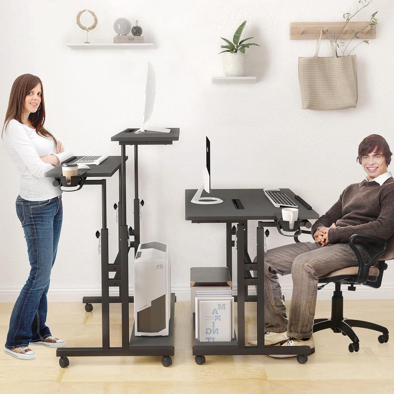 Alt view image 4 of 7 - Panta Mobile Standing Desk, Adjustable Rolling Computer Desk with 3 Desktops, Portable Laptop Table with Desk Cup Holder, Home Office Laptop Workstation on Lockable Wheels, Black