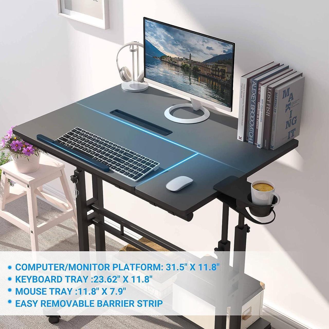 Alt view image 5 of 7 - Panta Mobile Standing Desk, Adjustable Rolling Computer Desk with 3 Desktops, Portable Laptop Table with Desk Cup Holder, Home Office Laptop Workstation on Lockable Wheels, Black