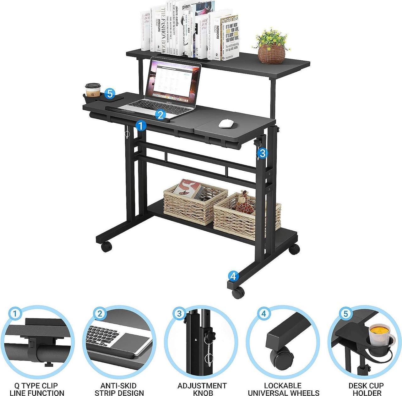 Alt view image 6 of 7 - Panta Mobile Standing Desk, Adjustable Rolling Computer Desk with 3 Desktops, Portable Laptop Table with Desk Cup Holder, Home Office Laptop Workstation on Lockable Wheels, Black