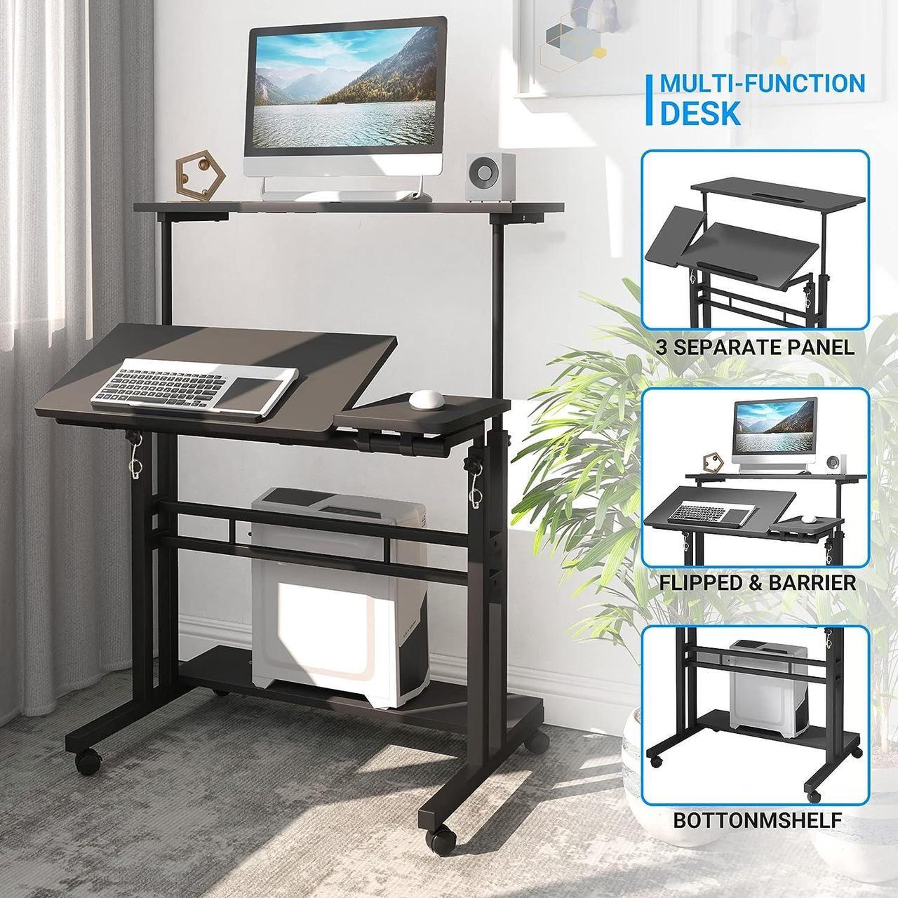 Alt view image 7 of 7 - Panta Mobile Standing Desk, Adjustable Rolling Computer Desk with 3 Desktops, Portable Laptop Table with Desk Cup Holder, Home Office Laptop Workstation on Lockable Wheels, Black