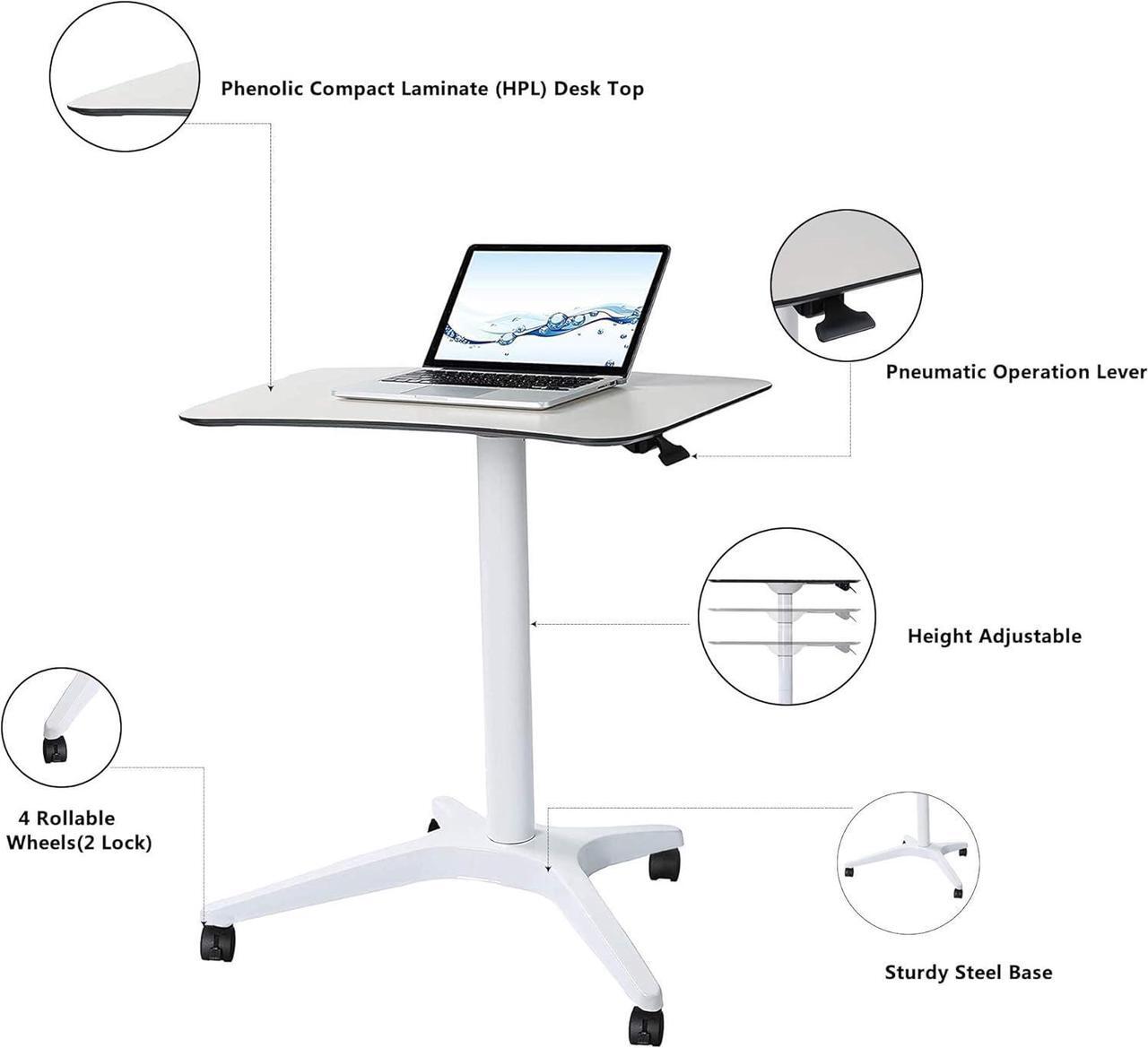 Alt view image 3 of 5 - CARTMAY Mobile Standing Desk,Pneumatic Height Adjustable Laptop Desk, Mobile Laptop Desk with Wheels, Height Adjustable from 28'' to 33'',White
