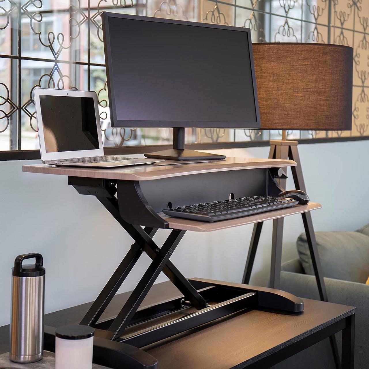 Alt view image 2 of 6 - Ergotron  WorkFit-Z Mini Small Standing Desk Converter, Laptop Sit Stand Desk Riser for Tabletops and Home Office  31 Inch Width, Grey Woodgrain