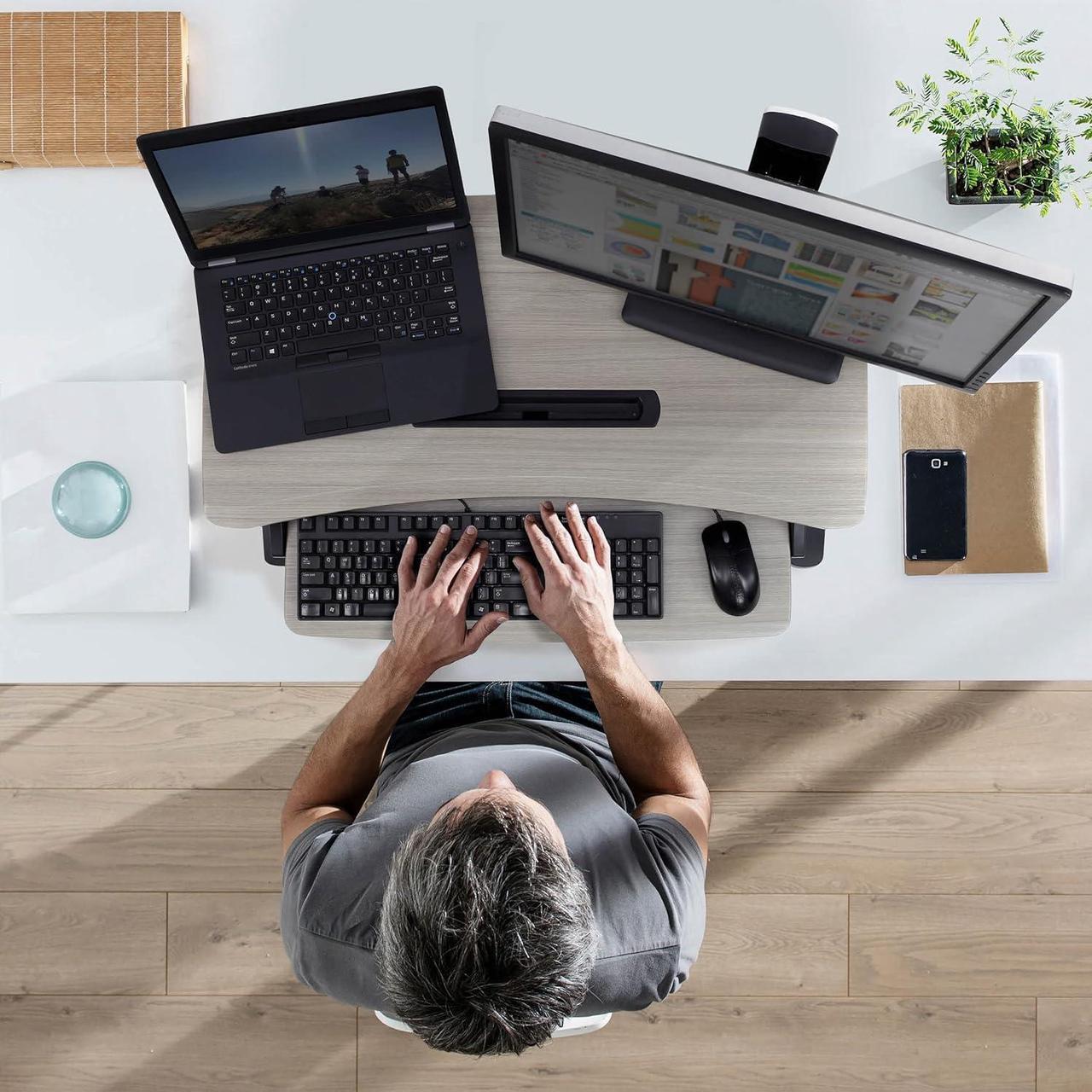 Alt view image 3 of 6 - Ergotron  WorkFit-Z Mini Small Standing Desk Converter, Laptop Sit Stand Desk Riser for Tabletops and Home Office  31 Inch Width, Grey Woodgrain
