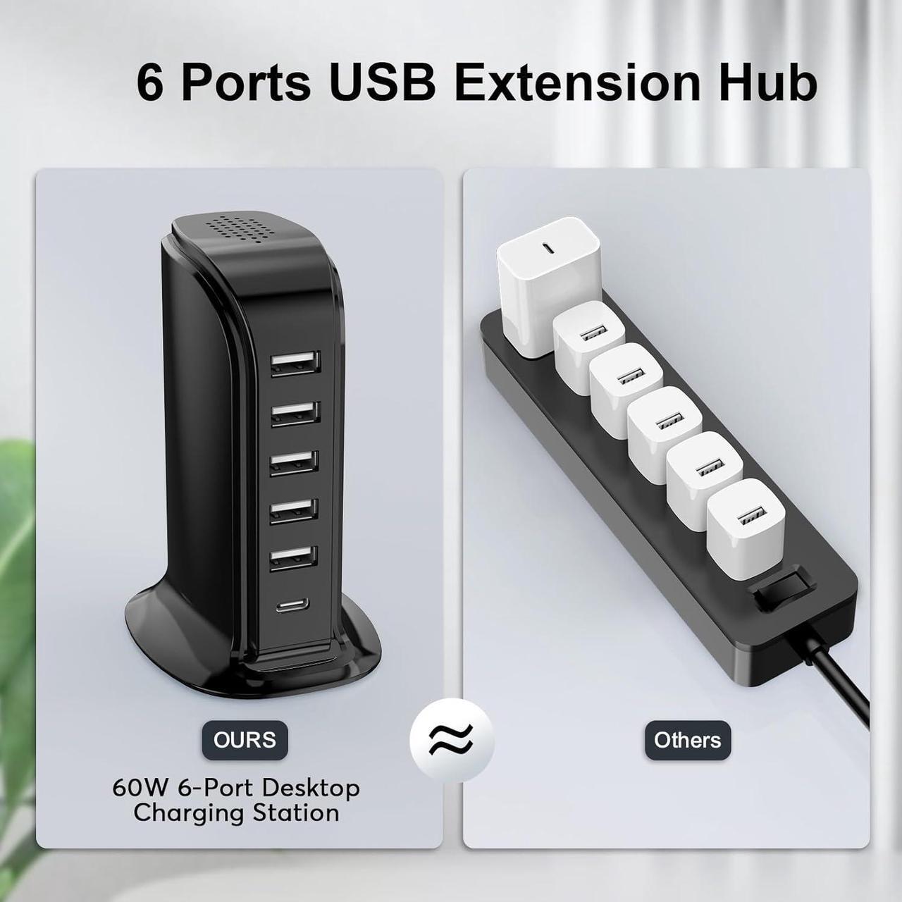 Alt view image 2 of 7 - USB Charger Block with Type C, 6-Port Chargers for Multiple Devices, USB Charging Hub with Smart IC, Charger Station Total 60W for Phone/Tablet/Gaming, Wall Charger Adapter Compact&Portable