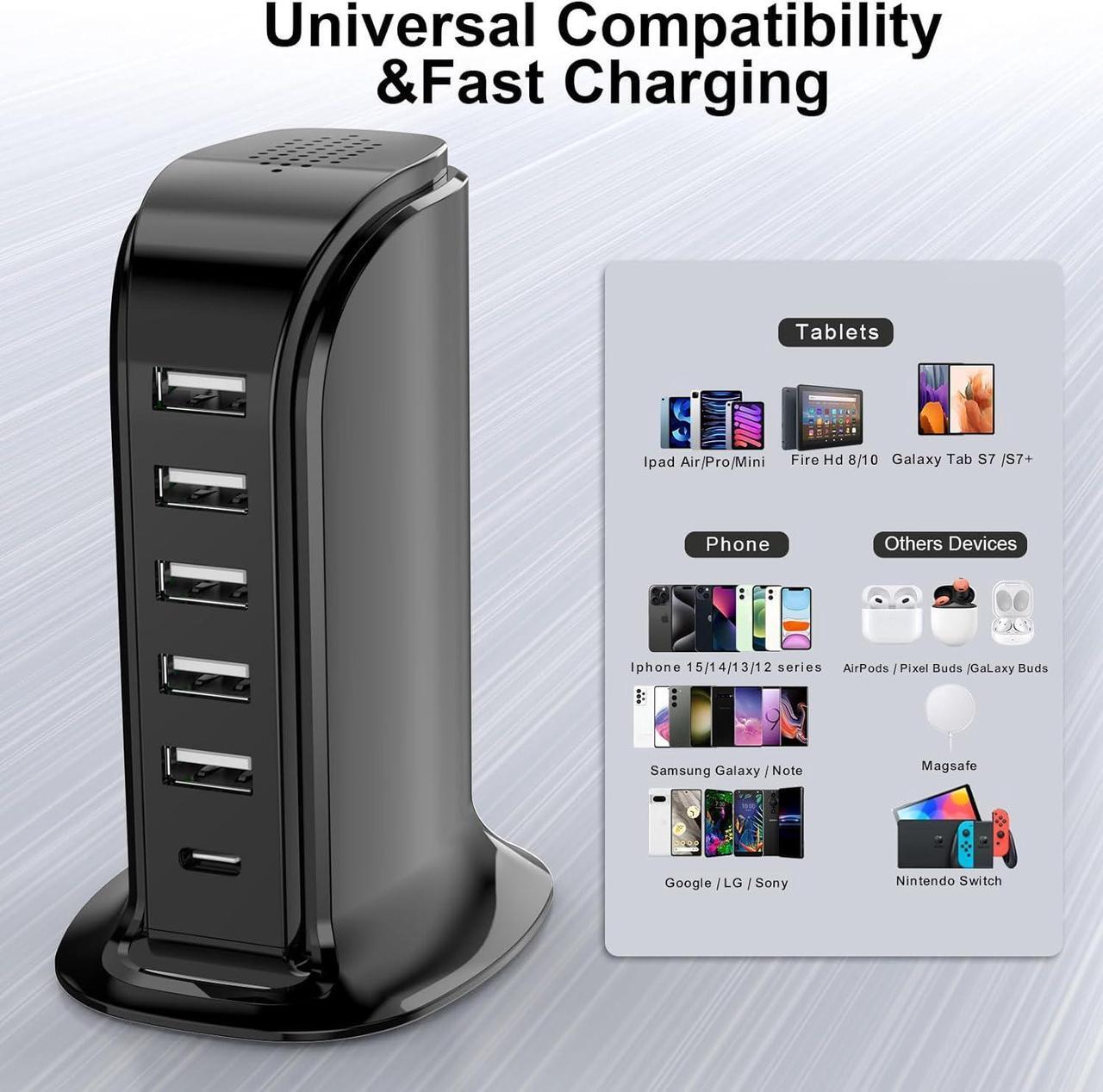 Alt view image 3 of 7 - USB Charger Block with Type C, 6-Port Chargers for Multiple Devices, USB Charging Hub with Smart IC, Charger Station Total 60W for Phone/Tablet/Gaming, Wall Charger Adapter Compact&Portable