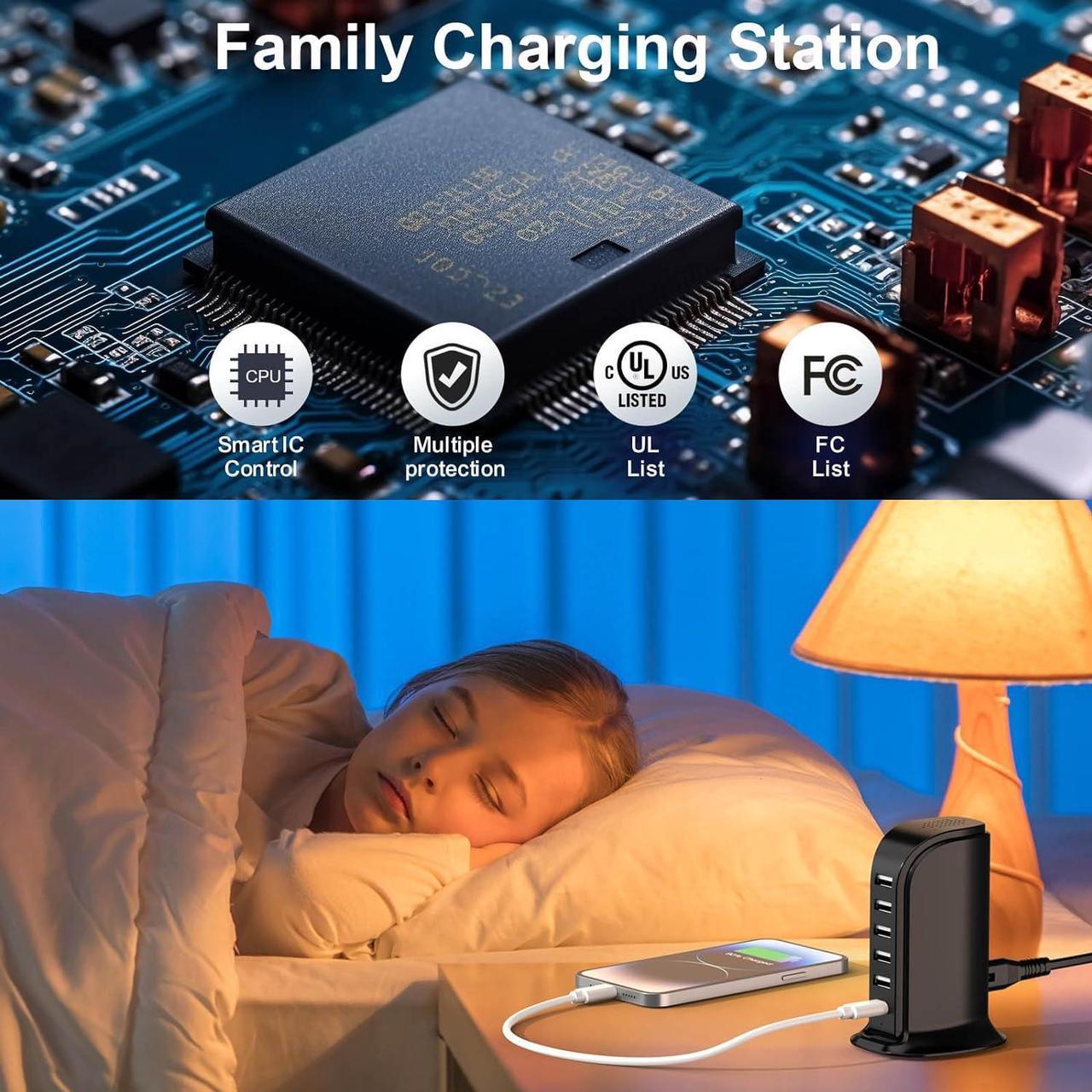 Alt view image 5 of 7 - USB Charger Block with Type C, 6-Port Chargers for Multiple Devices, USB Charging Hub with Smart IC, Charger Station Total 60W for Phone/Tablet/Gaming, Wall Charger Adapter Compact&Portable