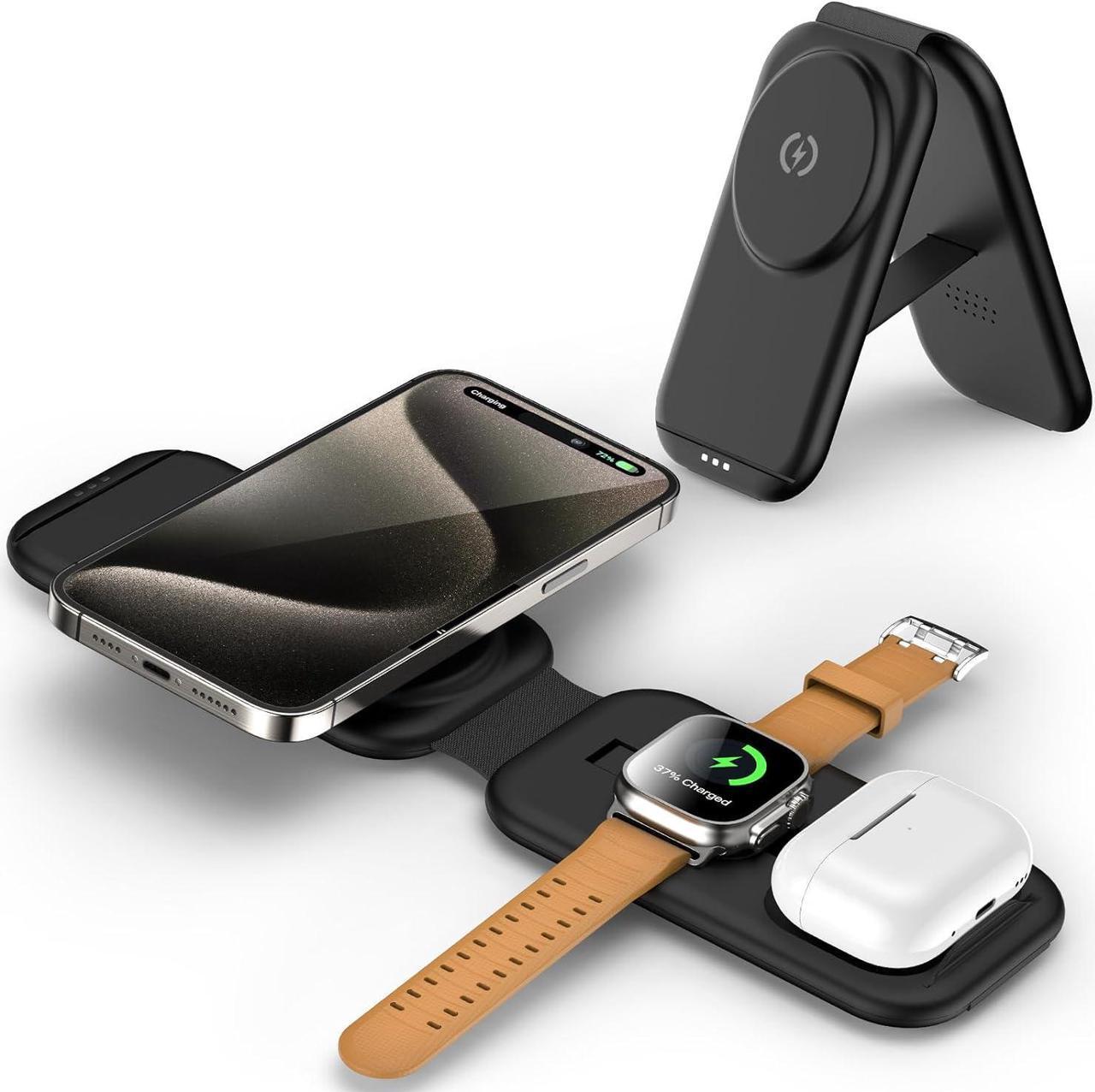 Main image of 3 in 1 Magnetic Wireless Charging Station for Apple Device, Fast Mag-Safe Charger Stand, Travel Charging Pad for iPhone 15/14/13/12, iWatch Series 9-2, AirPods 3/2/Pro 2/Pro (Adapter Included)