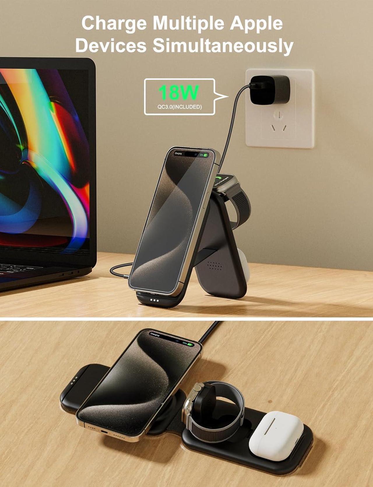 Alt view image 2 of 7 - 3 in 1 Magnetic Wireless Charging Station for Apple Device, Fast Mag-Safe Charger Stand, Travel Charging Pad for iPhone 15/14/13/12, iWatch Series 9-2, AirPods 3/2/Pro 2/Pro (Adapter Included)
