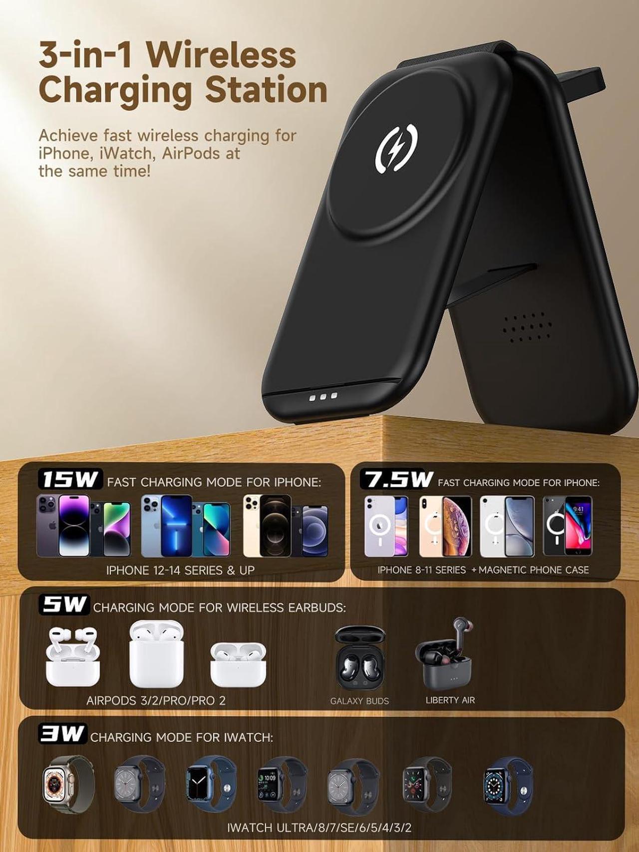Alt view image 5 of 7 - 3 in 1 Magnetic Wireless Charging Station for Apple Device, Fast Mag-Safe Charger Stand, Travel Charging Pad for iPhone 15/14/13/12, iWatch Series 9-2, AirPods 3/2/Pro 2/Pro (Adapter Included)