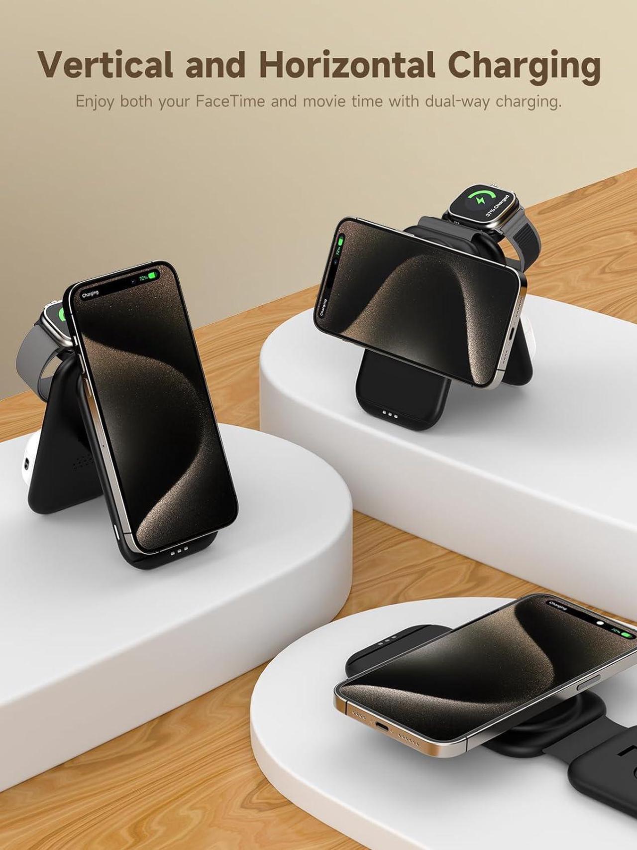 Alt view image 6 of 7 - 3 in 1 Magnetic Wireless Charging Station for Apple Device, Fast Mag-Safe Charger Stand, Travel Charging Pad for iPhone 15/14/13/12, iWatch Series 9-2, AirPods 3/2/Pro 2/Pro (Adapter Included)