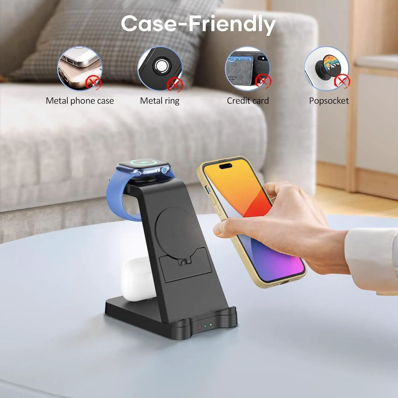 Alt view image 6 of 7 - 3 in 1 Charging Station for  Products - Wireless Charging Station for Multiple Devices - Phone and Watch Charger Stand for iPhone 15/14/13/12/11 Series iWatch Series 1-9/Ultra AirPods