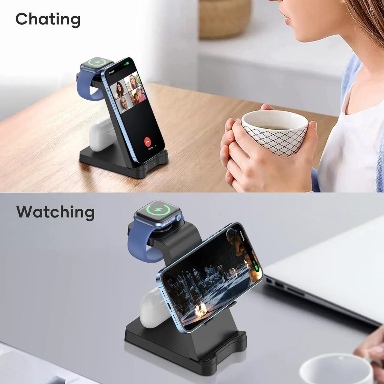 Alt view image 7 of 7 - 3 in 1 Charging Station for  Products - Wireless Charging Station for Multiple Devices - Phone and Watch Charger Stand for iPhone 15/14/13/12/11 Series iWatch Series 1-9/Ultra AirPods