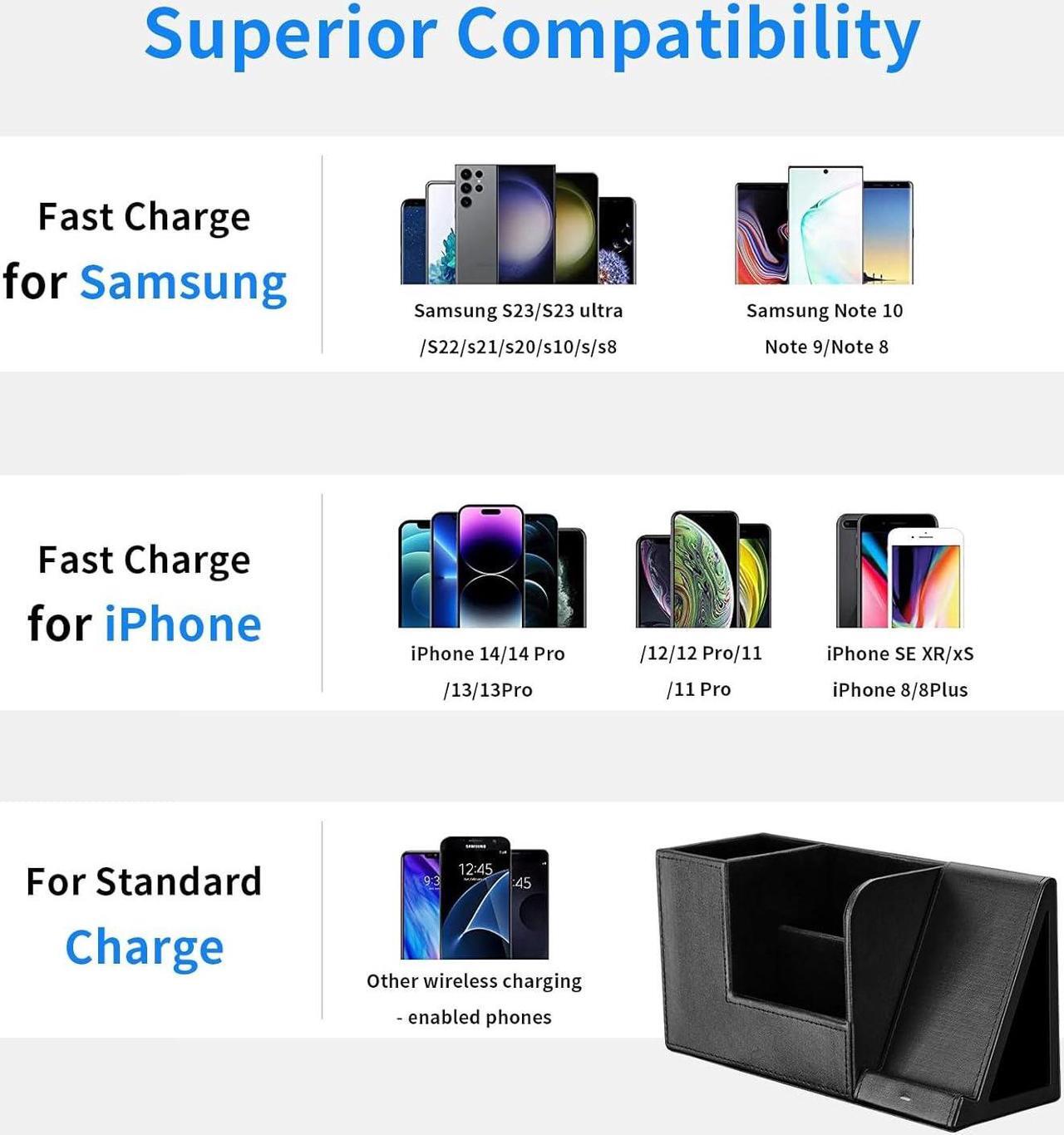 Alt view image 4 of 7 - Wireless Charger with Desk Organizer, Fast Charging Station for iPhone 15 14 13 12 11 Pro Max/Samsung Galaxy S23/S22/S21/S20/Z Flip/Fold 5, Desk Phone Charger Stand Office Desktop Organizer Leather