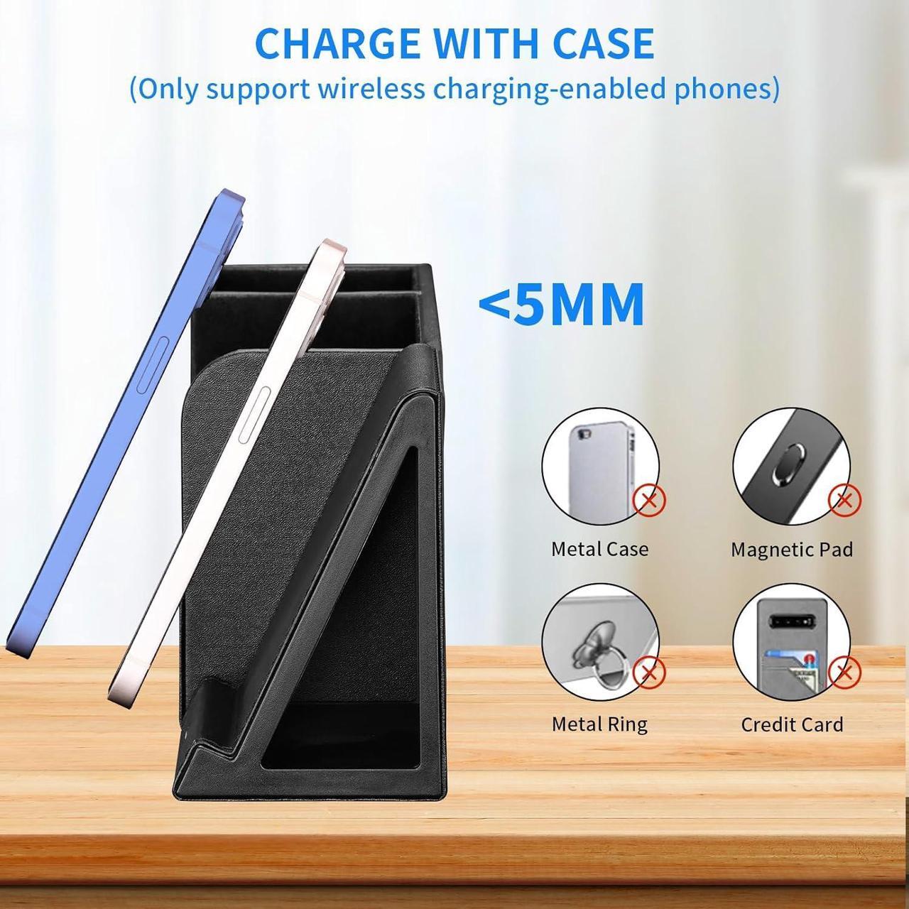 Alt view image 6 of 7 - Wireless Charger with Desk Organizer, Fast Charging Station for iPhone 15 14 13 12 11 Pro Max/Samsung Galaxy S23/S22/S21/S20/Z Flip/Fold 5, Desk Phone Charger Stand Office Desktop Organizer Leather