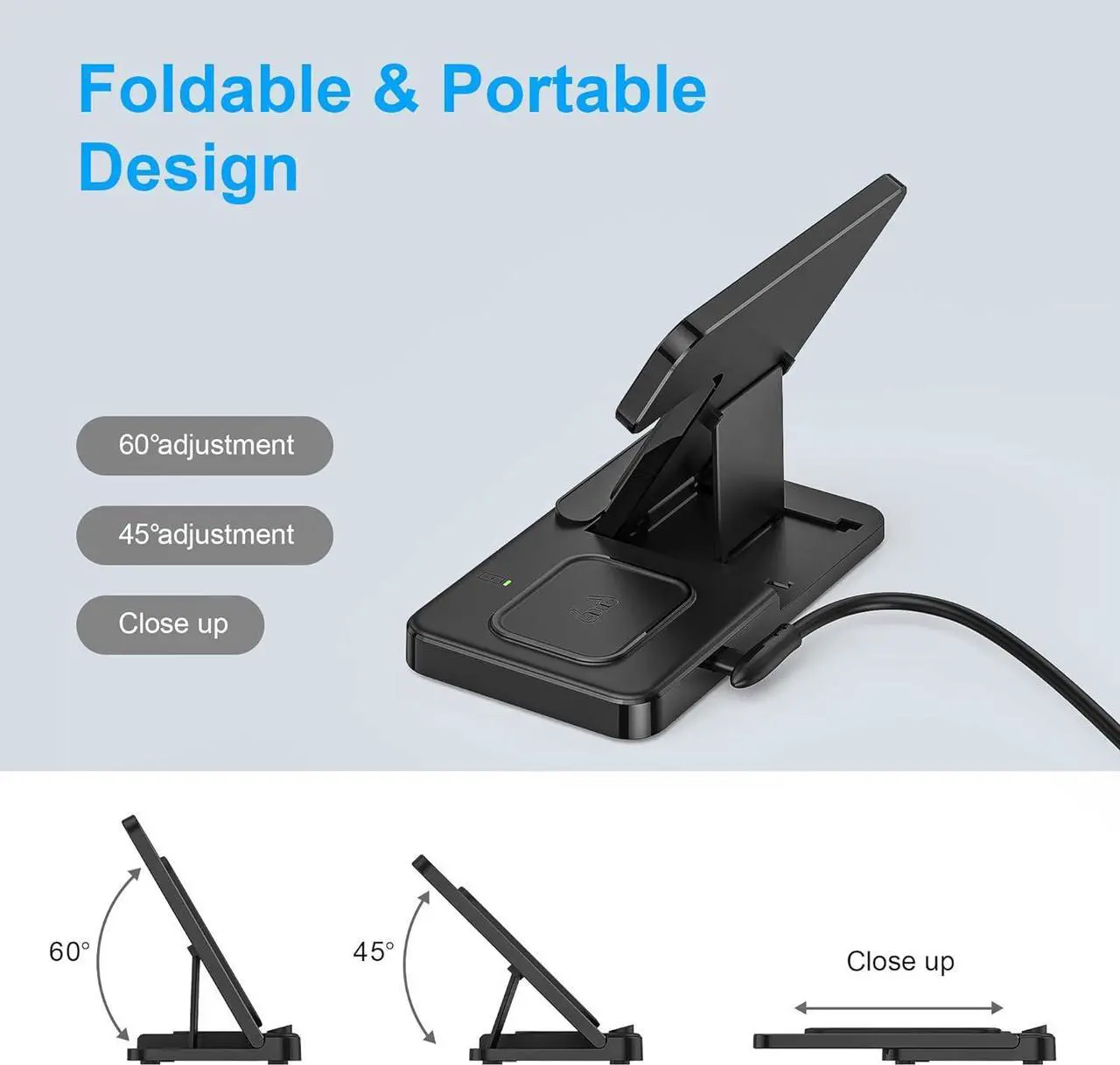 Alt view image 6 of 7 - 3 in 1 Wireless Foldable Charging Station,Folding Fast Charger Dock Stand for Apple iPhone 14/13/12/11/Pro/Max/XS/XR/X/Plus/Apple Watch 7/6/5/4/3/2/SE, AirPods 3/2(with Adapter)