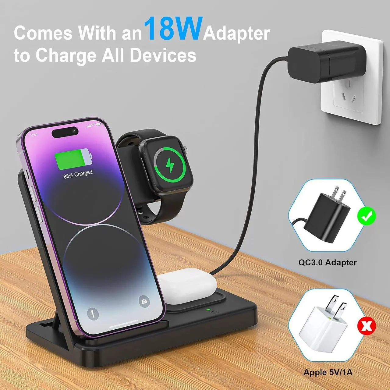 Alt view image 5 of 7 - 3 in 1 Wireless Foldable Charging Station,Folding Fast Charger Dock Stand for Apple iPhone 14/13/12/11/Pro/Max/XS/XR/X/Plus/Apple Watch 7/6/5/4/3/2/SE, AirPods 3/2(with Adapter)