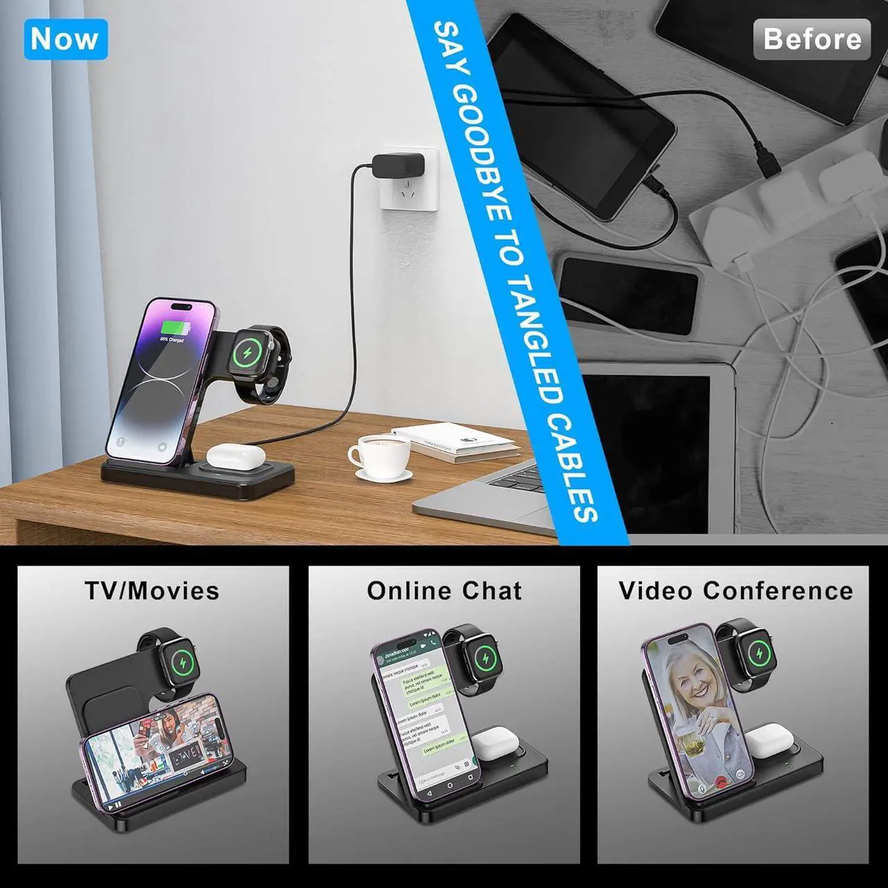 Alt view image 4 of 7 - 3 in 1 Wireless Foldable Charging Station,Folding Fast Charger Dock Stand for Apple iPhone 14/13/12/11/Pro/Max/XS/XR/X/Plus/Apple Watch 7/6/5/4/3/2/SE, AirPods 3/2(with Adapter)