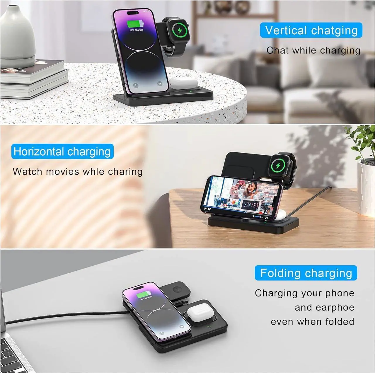 Alt view image 3 of 7 - 3 in 1 Wireless Foldable Charging Station,Folding Fast Charger Dock Stand for Apple iPhone 14/13/12/11/Pro/Max/XS/XR/X/Plus/Apple Watch 7/6/5/4/3/2/SE, AirPods 3/2(with Adapter)