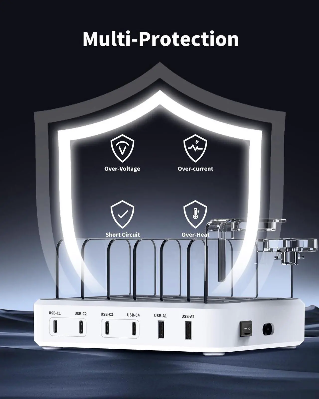 Alt view image 7 of 7 - 120W Charging Station for Multiple Devices - 6 Port Charger Station Designed for Apple iPhone iPad Tablets, 65W Max USB-C Fast Charger for Laptops (7 Cables & 2-in-1 Stand Included)